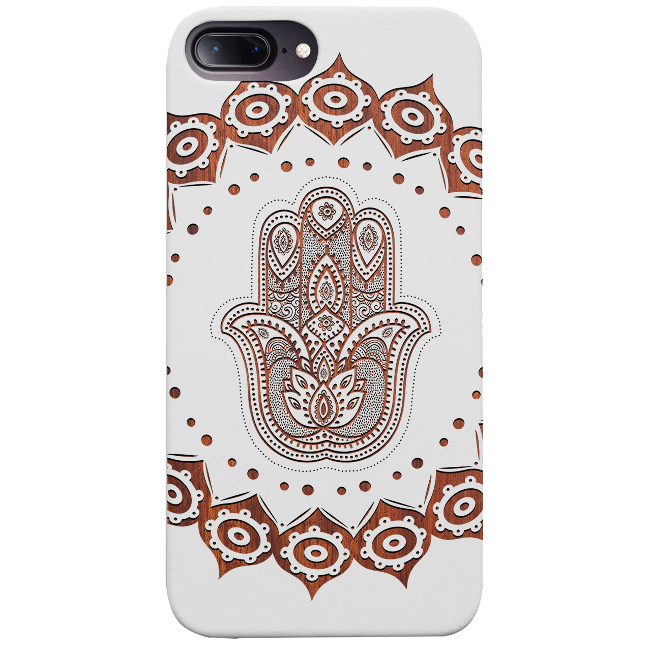 Hamsa Mandala Engraved wooden phone case showcasing intricate design and natural wood finish.