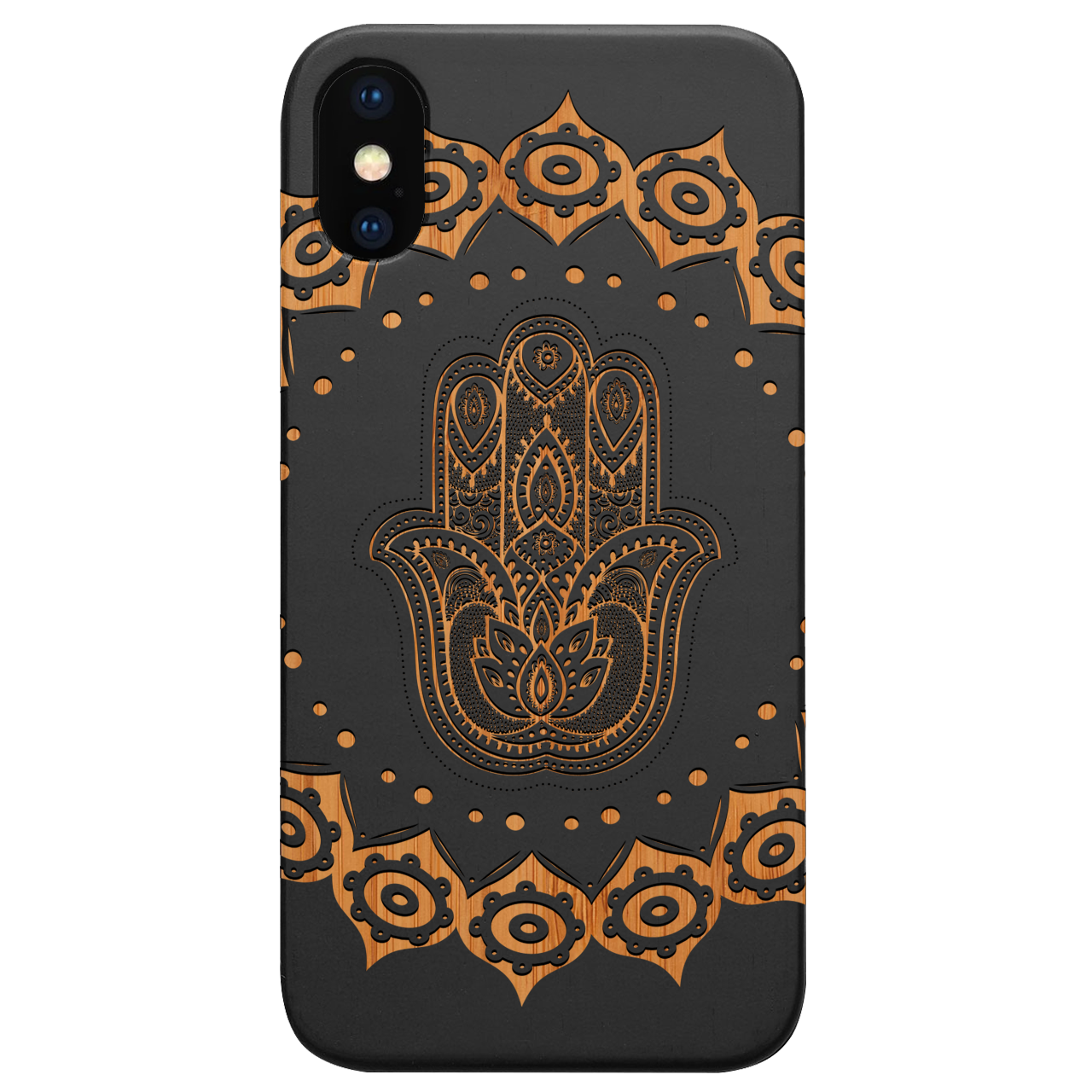 Hamsa Mandala Engraved wooden phone case showcasing intricate design and natural wood finish.