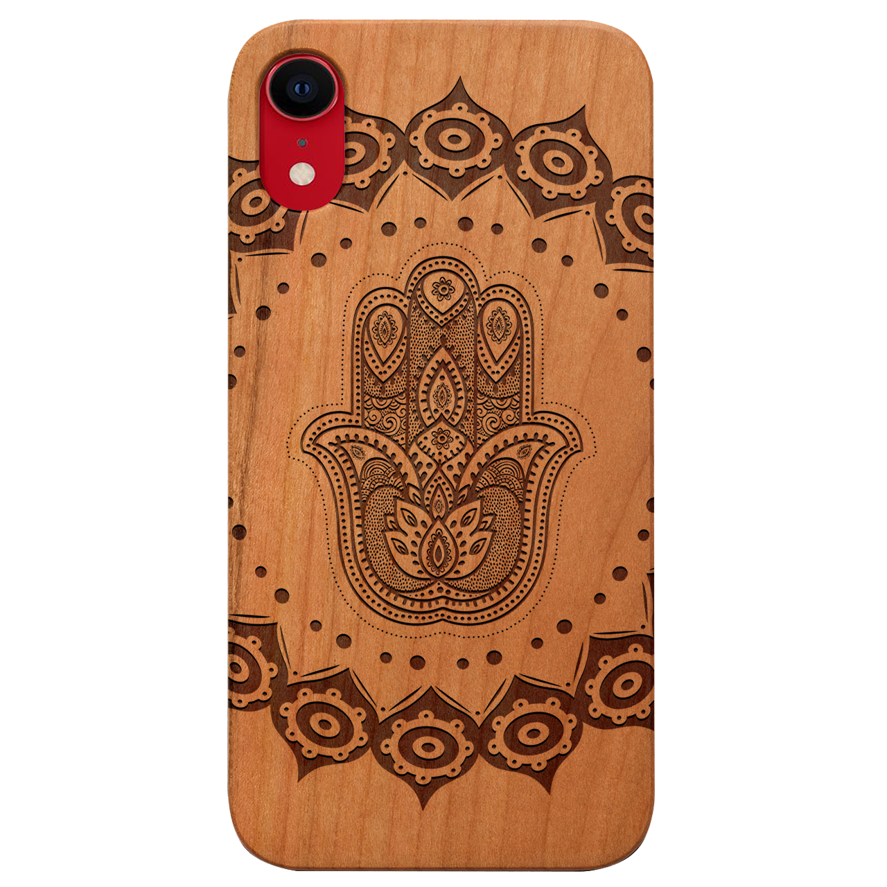 Hamsa Mandala Engraved wooden phone case showcasing intricate design and natural wood finish.