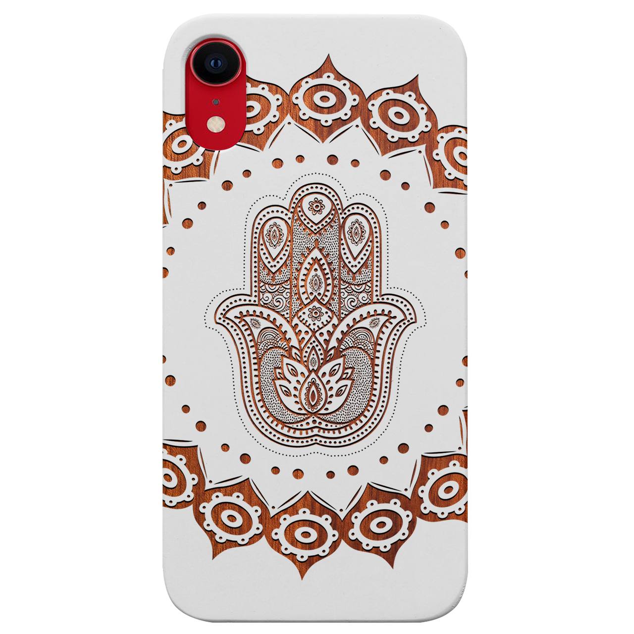 Hamsa Mandala Engraved wooden phone case showcasing intricate design and natural wood finish.