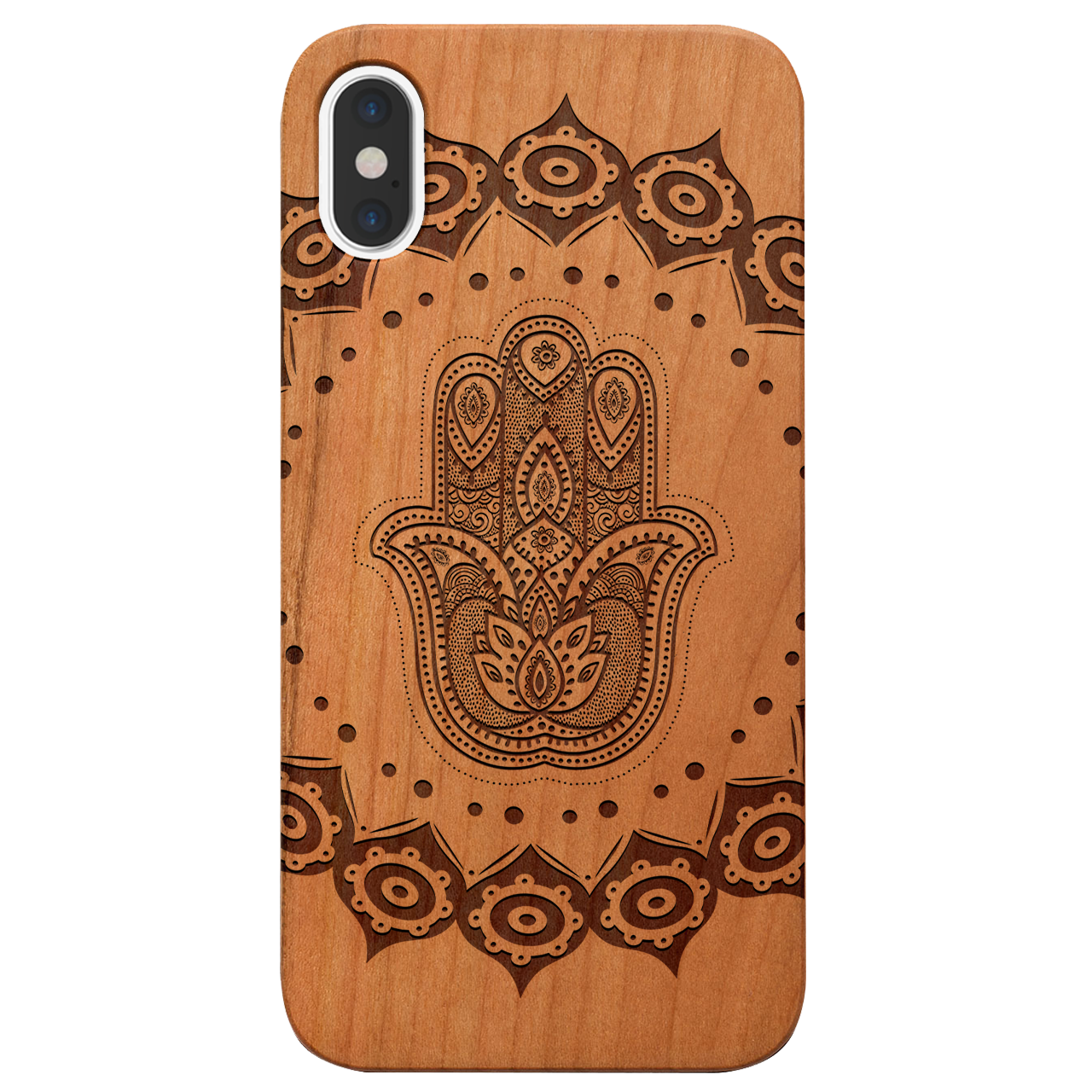 Hamsa Mandala Engraved wooden phone case showcasing intricate design and natural wood finish.