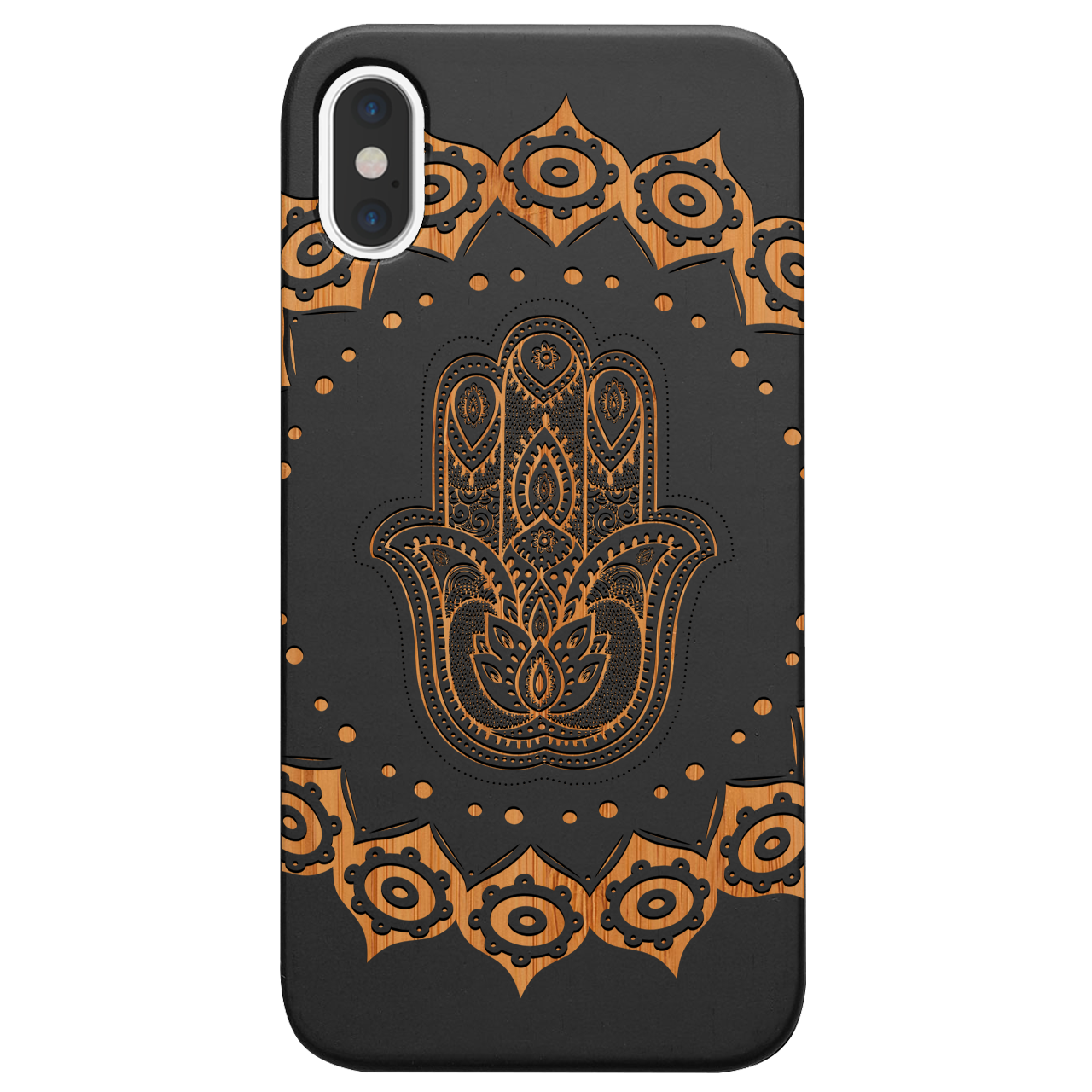 Hamsa Mandala Engraved wooden phone case showcasing intricate design and natural wood finish.