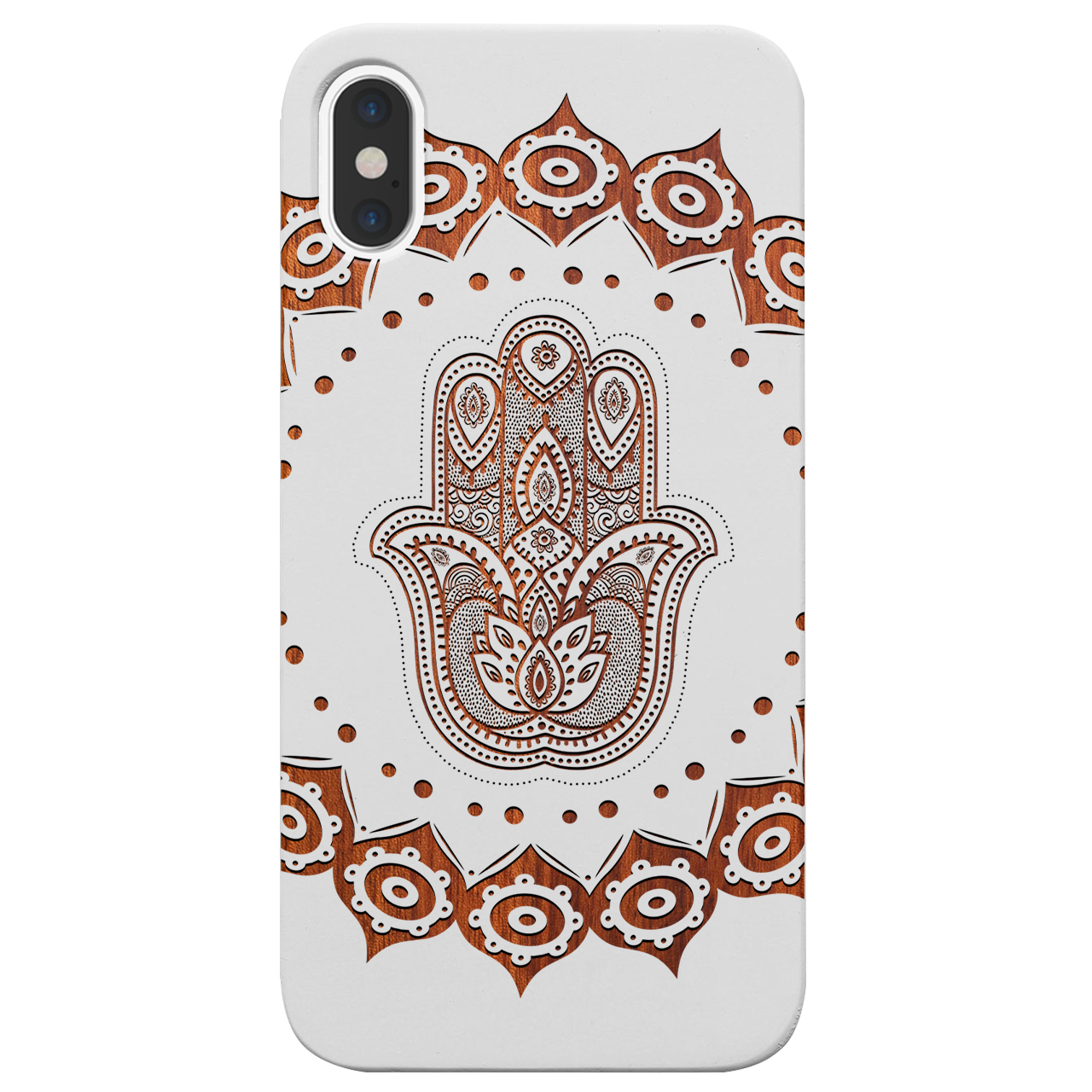 Hamsa Mandala Engraved wooden phone case showcasing intricate design and natural wood finish.