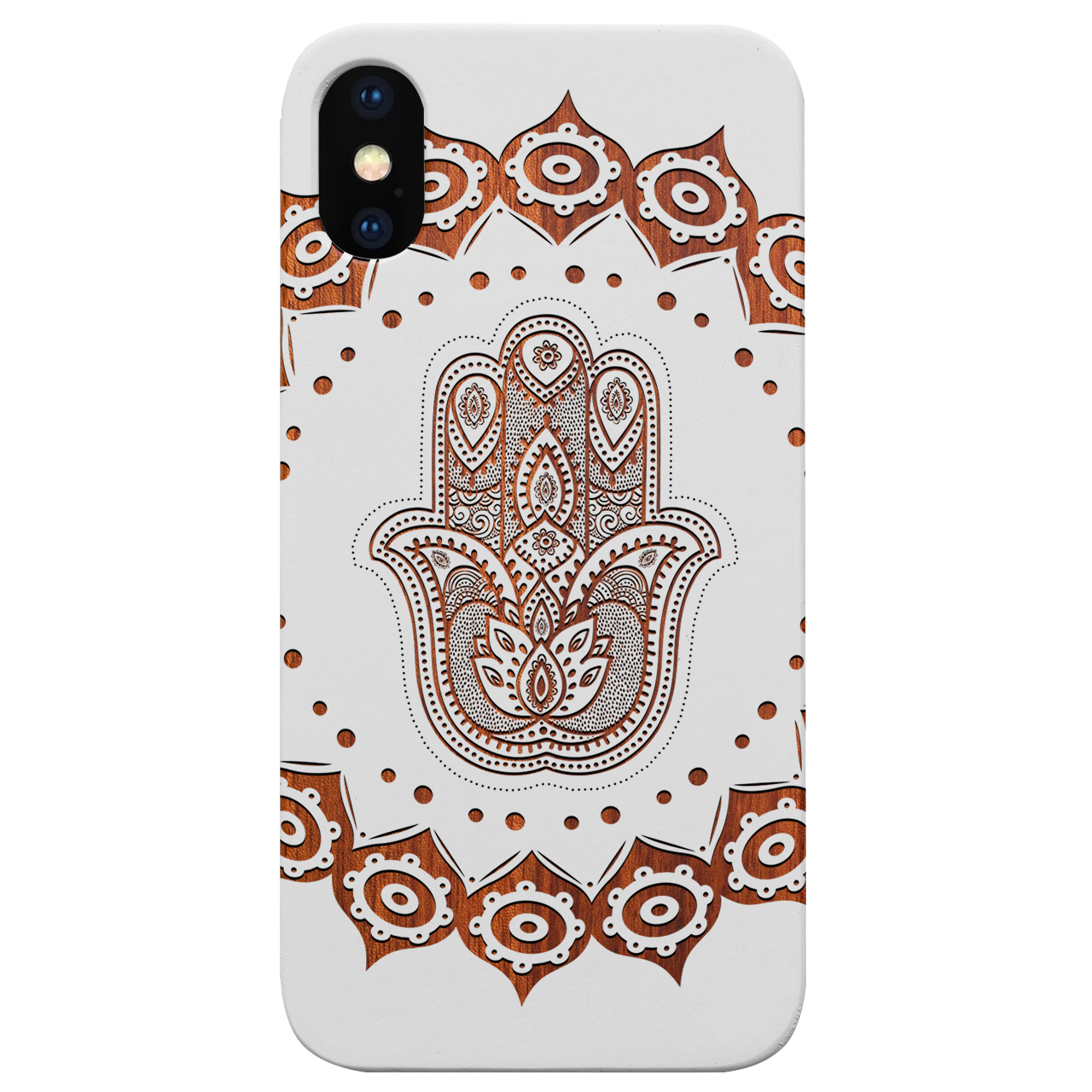 Hamsa Mandala Engraved wooden phone case showcasing intricate design and natural wood finish.