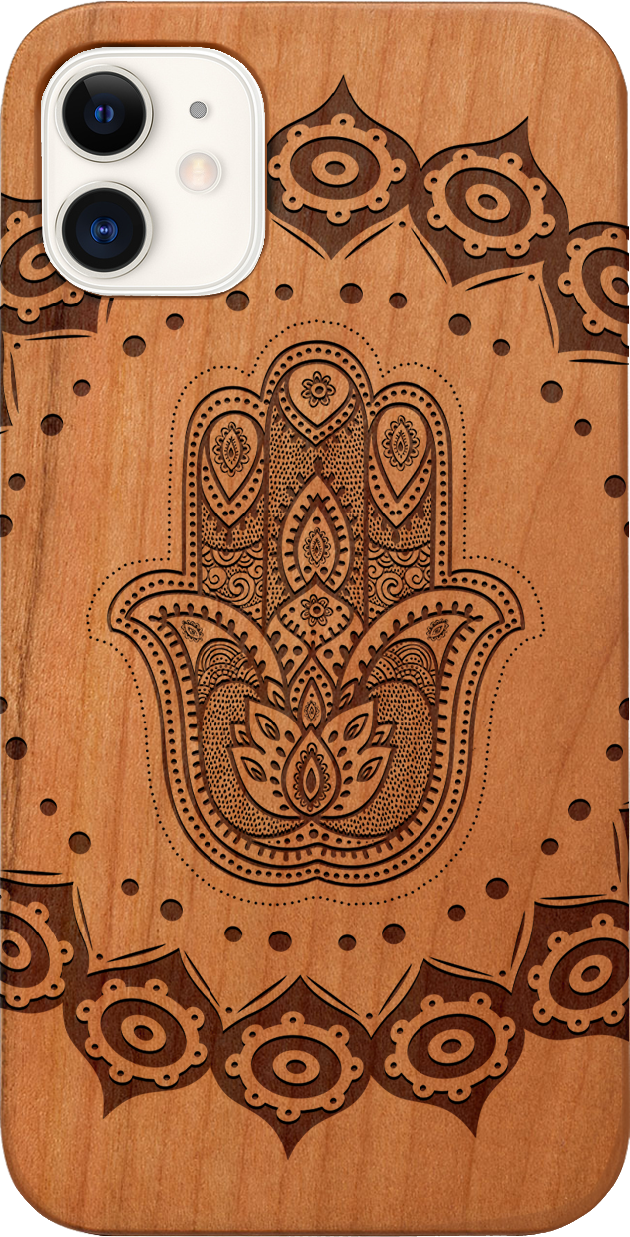 Hamsa Mandala Engraved wooden phone case showcasing intricate design and natural wood finish.