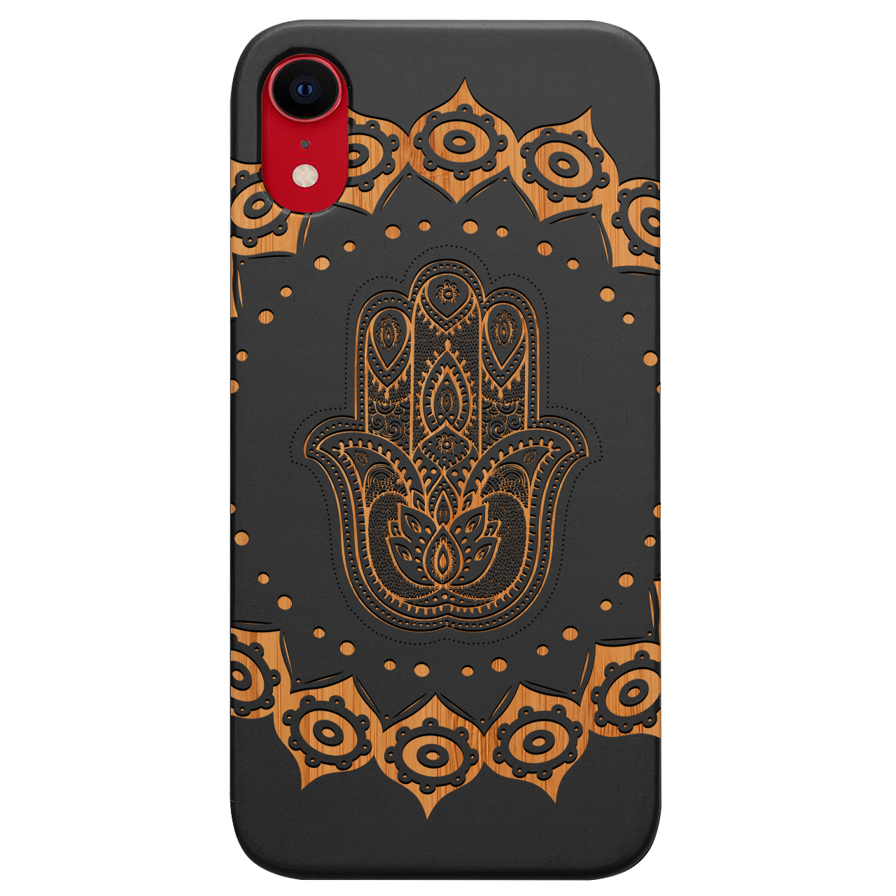 Hamsa Mandala Engraved wooden phone case showcasing intricate design and natural wood finish.