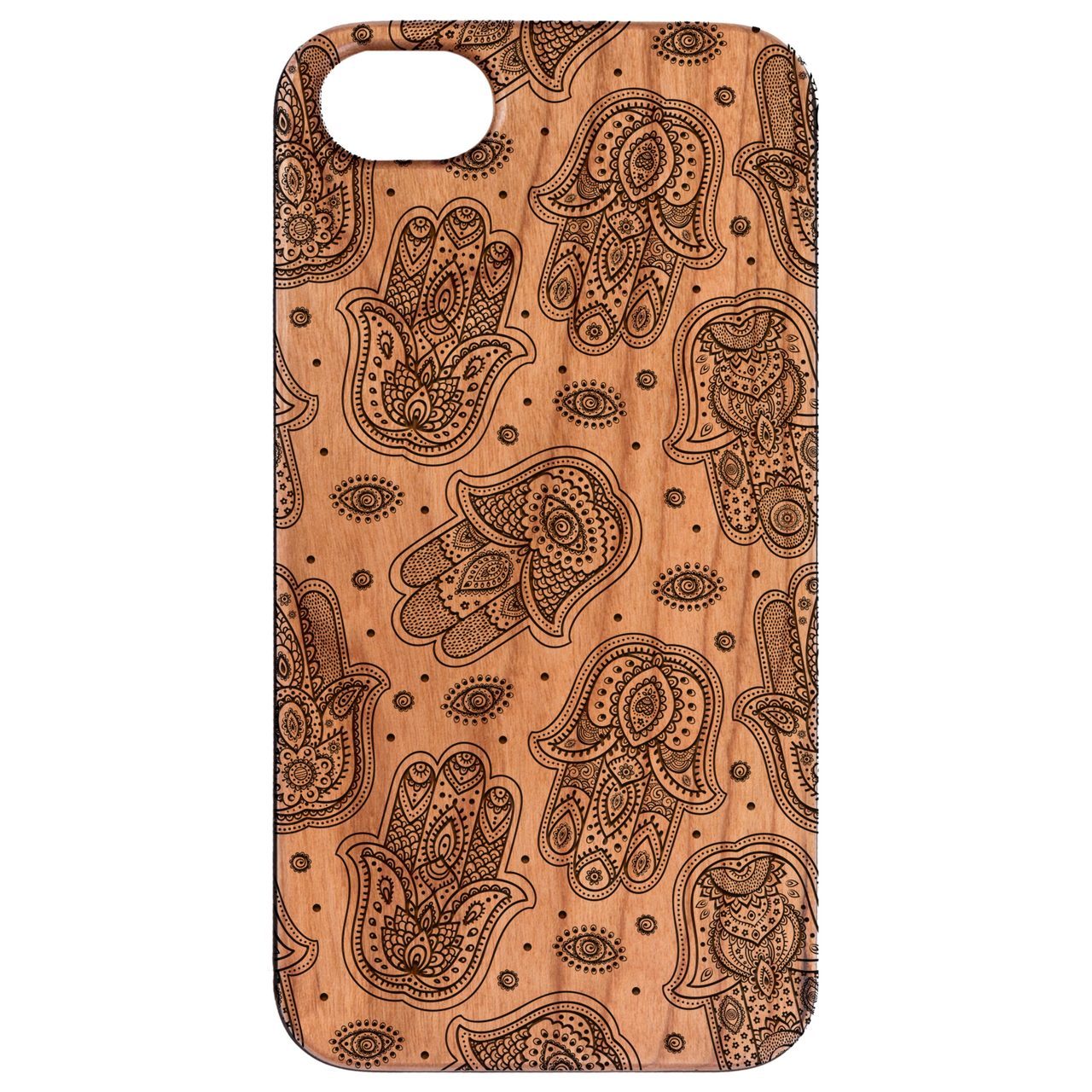 Hamsa Pattern - Engraved wooden phone case showcasing intricate design and natural wood finish.