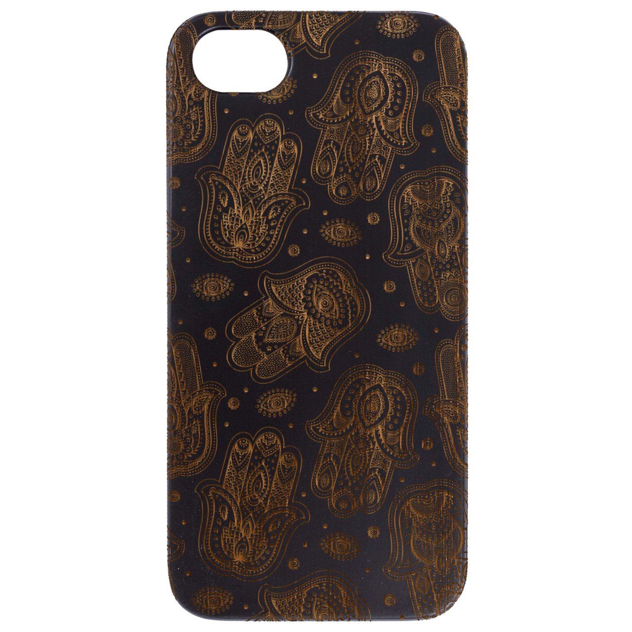 Hamsa Pattern - Engraved wooden phone case showcasing intricate design and natural wood finish.