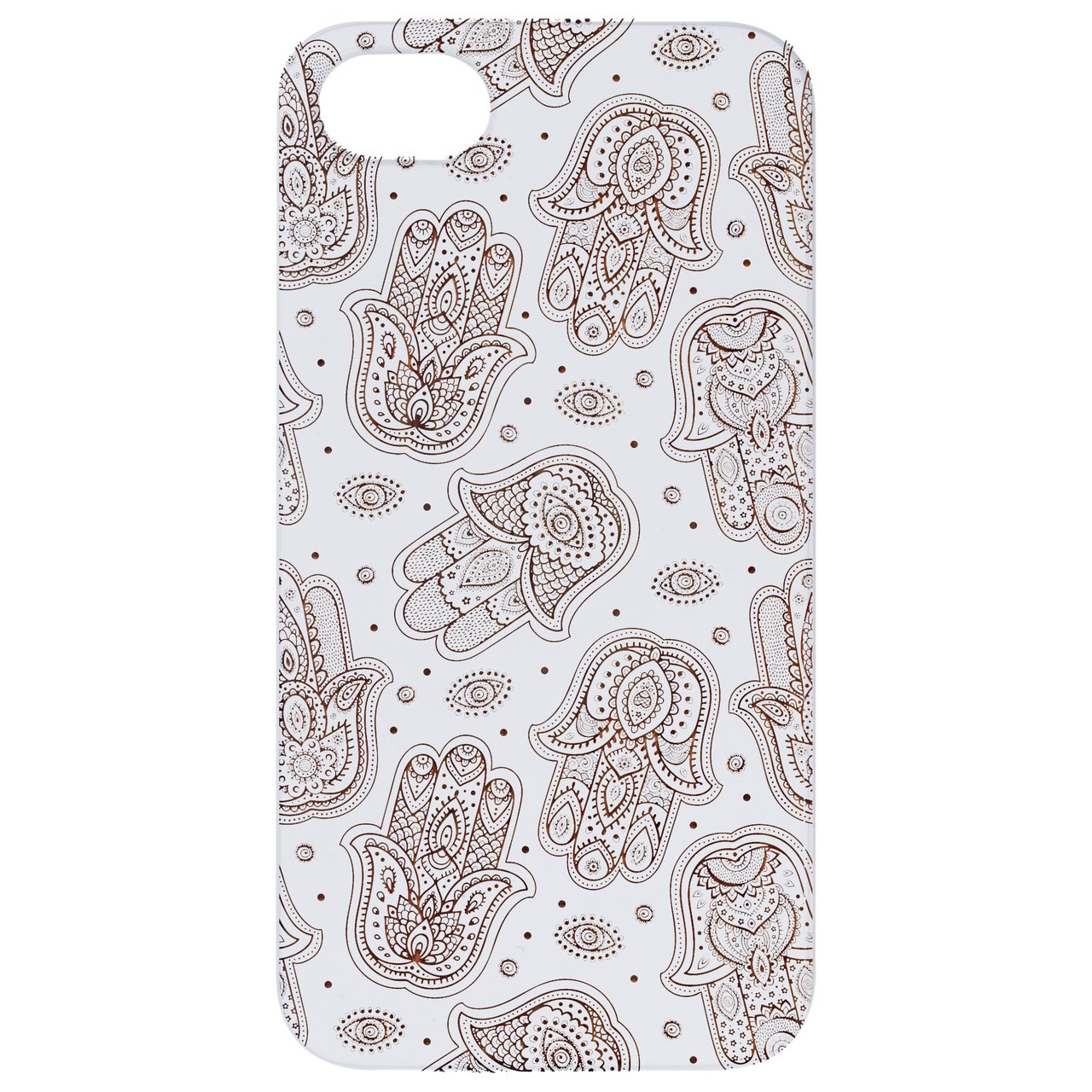 Hamsa Pattern - Engraved wooden phone case showcasing intricate design and natural wood finish.