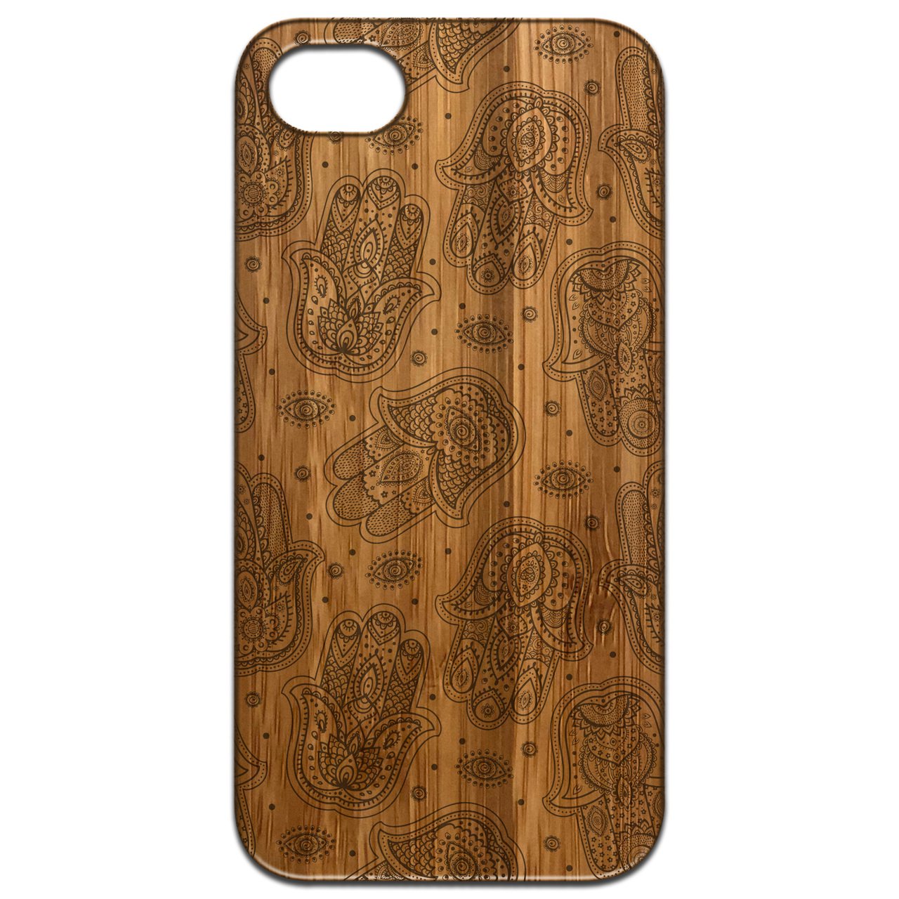 Hamsa Pattern - Engraved wooden phone case showcasing intricate design and natural wood finish.