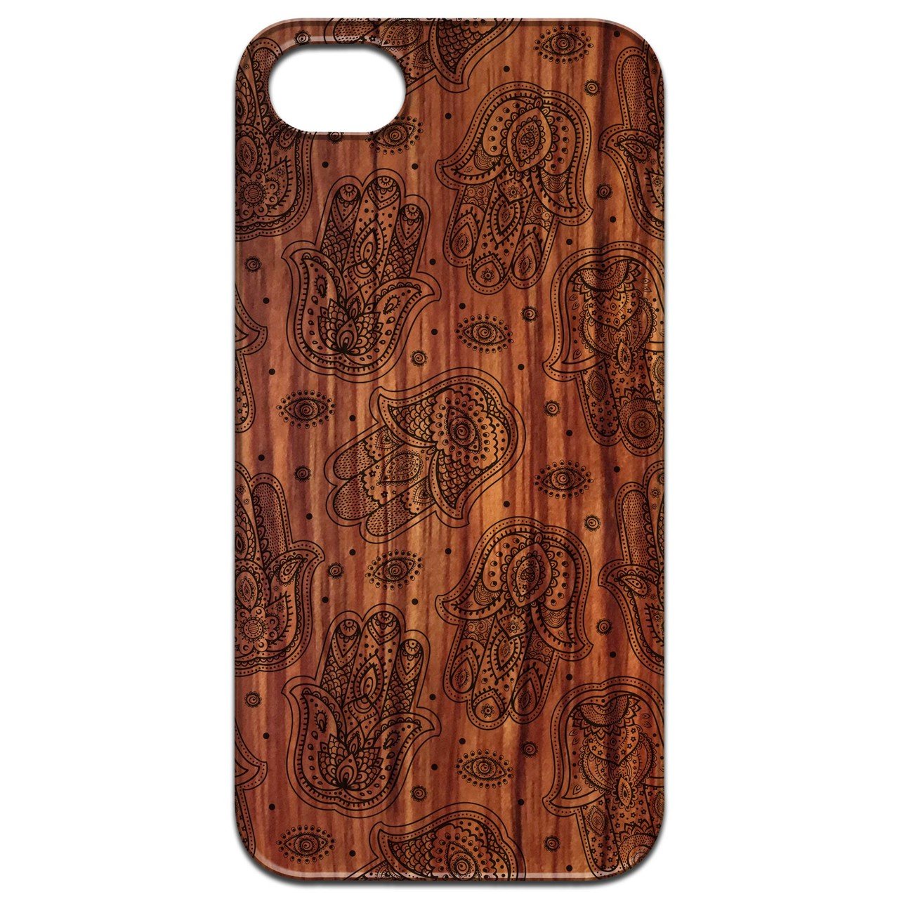 Hamsa Pattern - Engraved wooden phone case showcasing intricate design and natural wood finish.