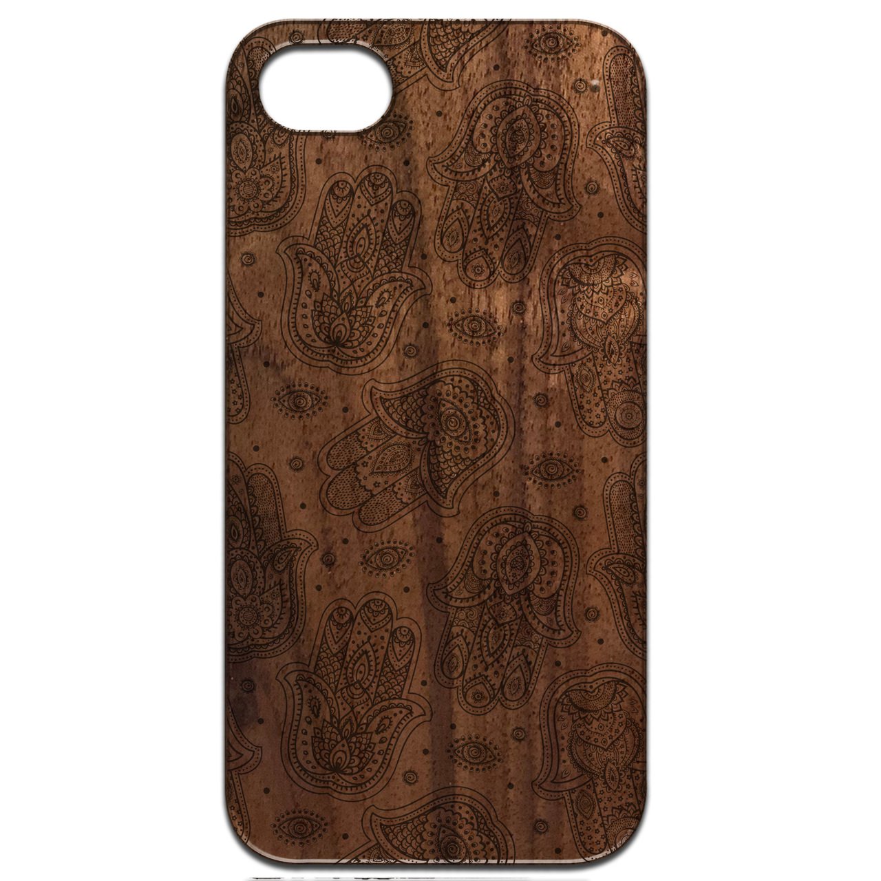 Hamsa Pattern - Engraved wooden phone case showcasing intricate design and natural wood finish.