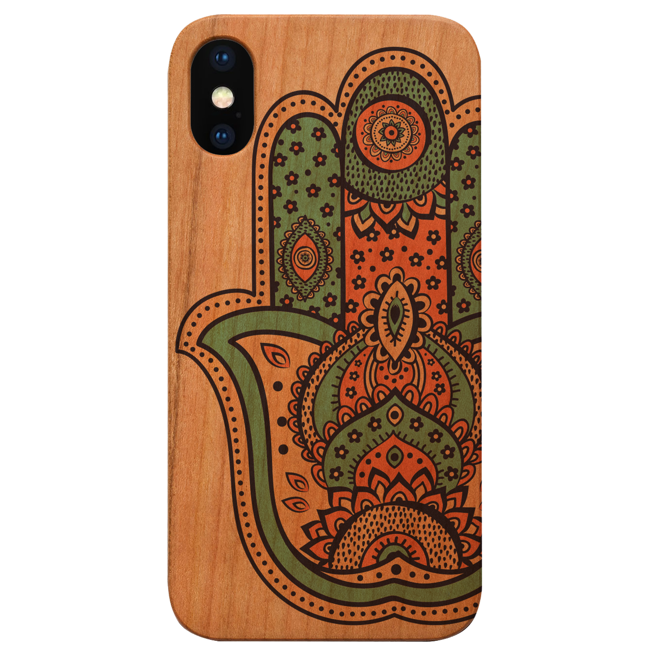 Hamsa UV Color Printed phone case showcasing unique wood design and vibrant colors, suitable for iPhone and Samsung models.