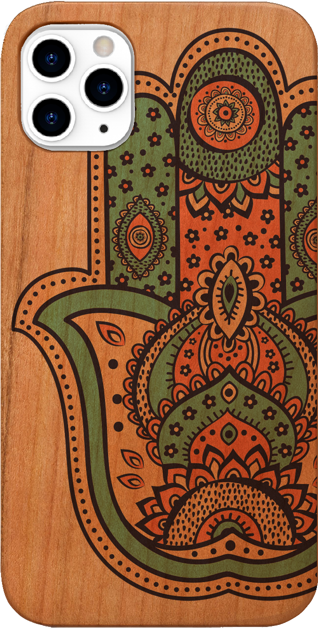 Hamsa UV Color Printed phone case showcasing unique wood design and vibrant colors, suitable for iPhone and Samsung models.