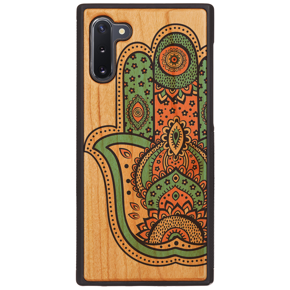 Hamsa UV Color Printed phone case showcasing unique wood design and vibrant colors, suitable for iPhone and Samsung models.