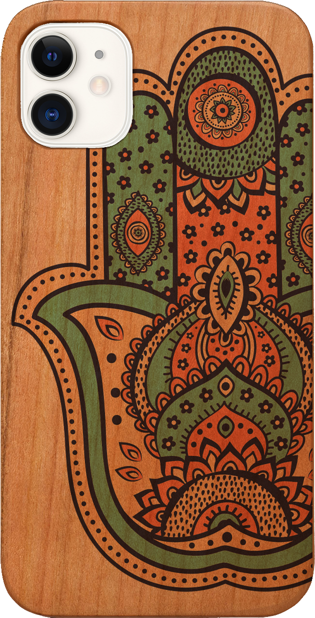 Hamsa UV Color Printed phone case showcasing unique wood design and vibrant colors, suitable for iPhone and Samsung models.