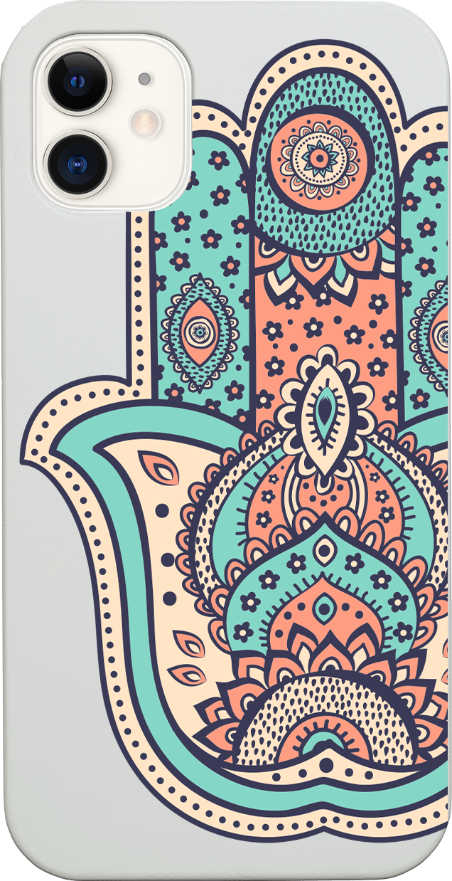 Hamsa UV Color Printed phone case showcasing unique wood design and vibrant colors, suitable for iPhone and Samsung models.