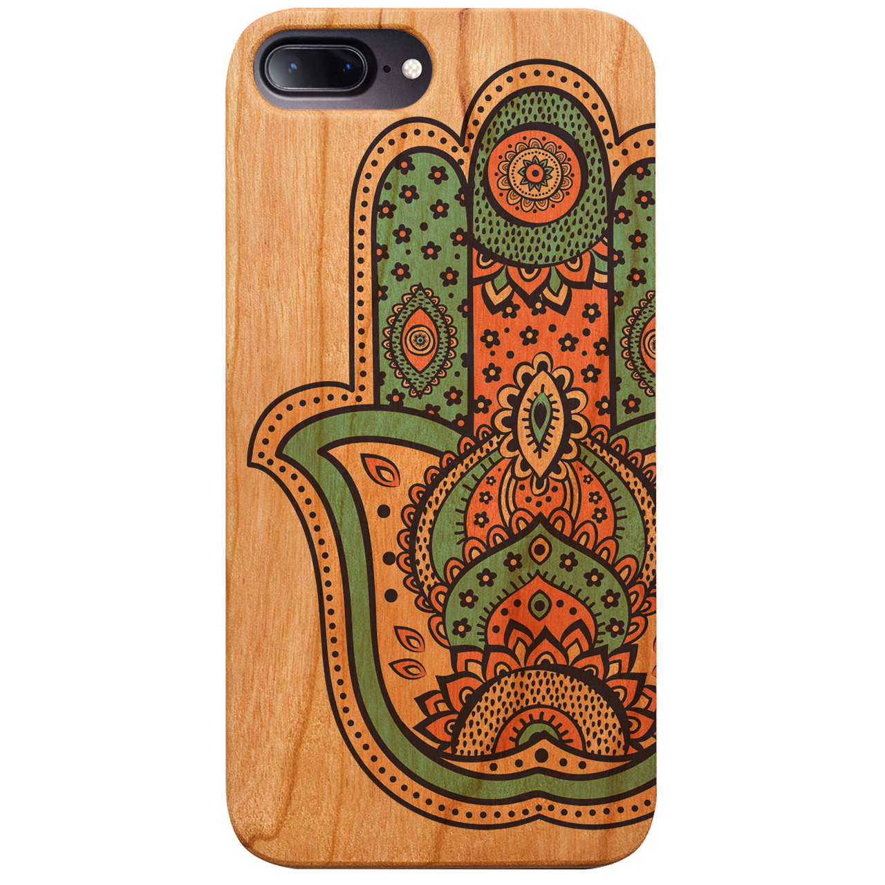 Hamsa UV Color Printed phone case showcasing unique wood design and vibrant colors, suitable for iPhone and Samsung models.