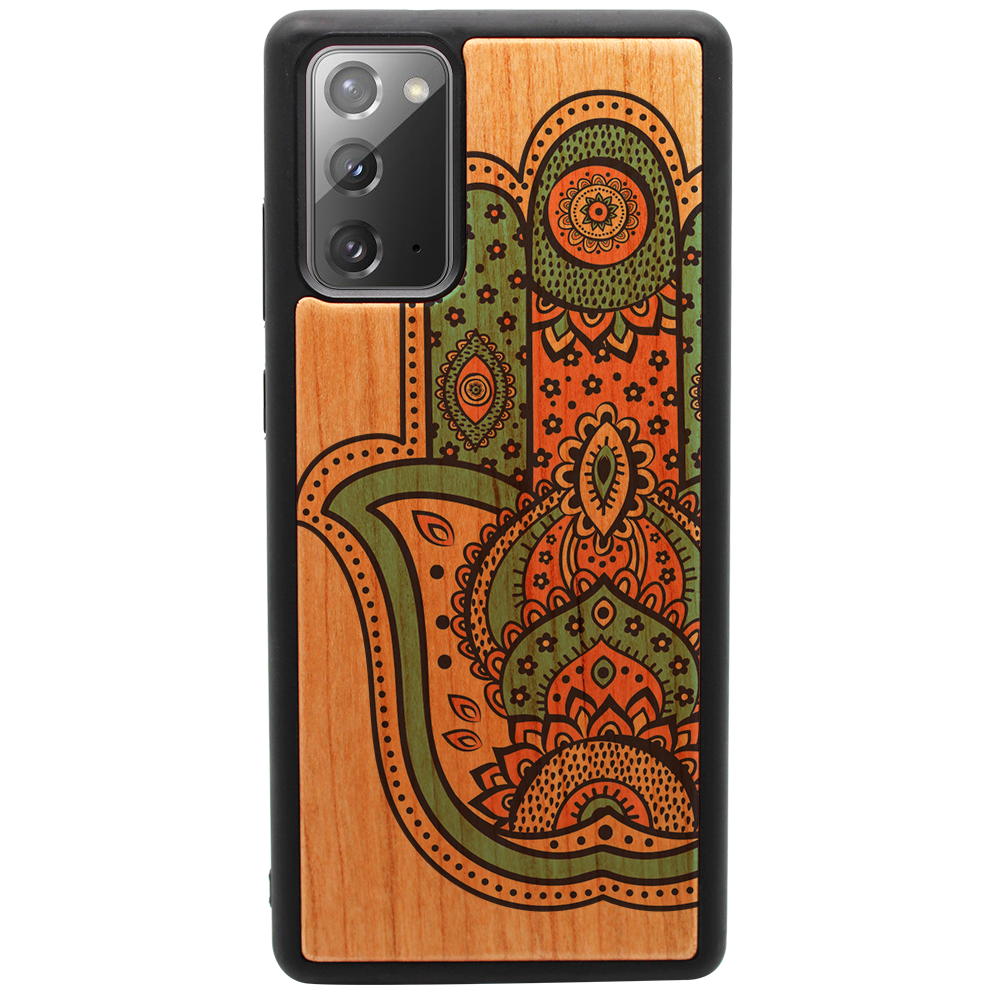 Hamsa UV Color Printed phone case showcasing unique wood design and vibrant colors, suitable for iPhone and Samsung models.