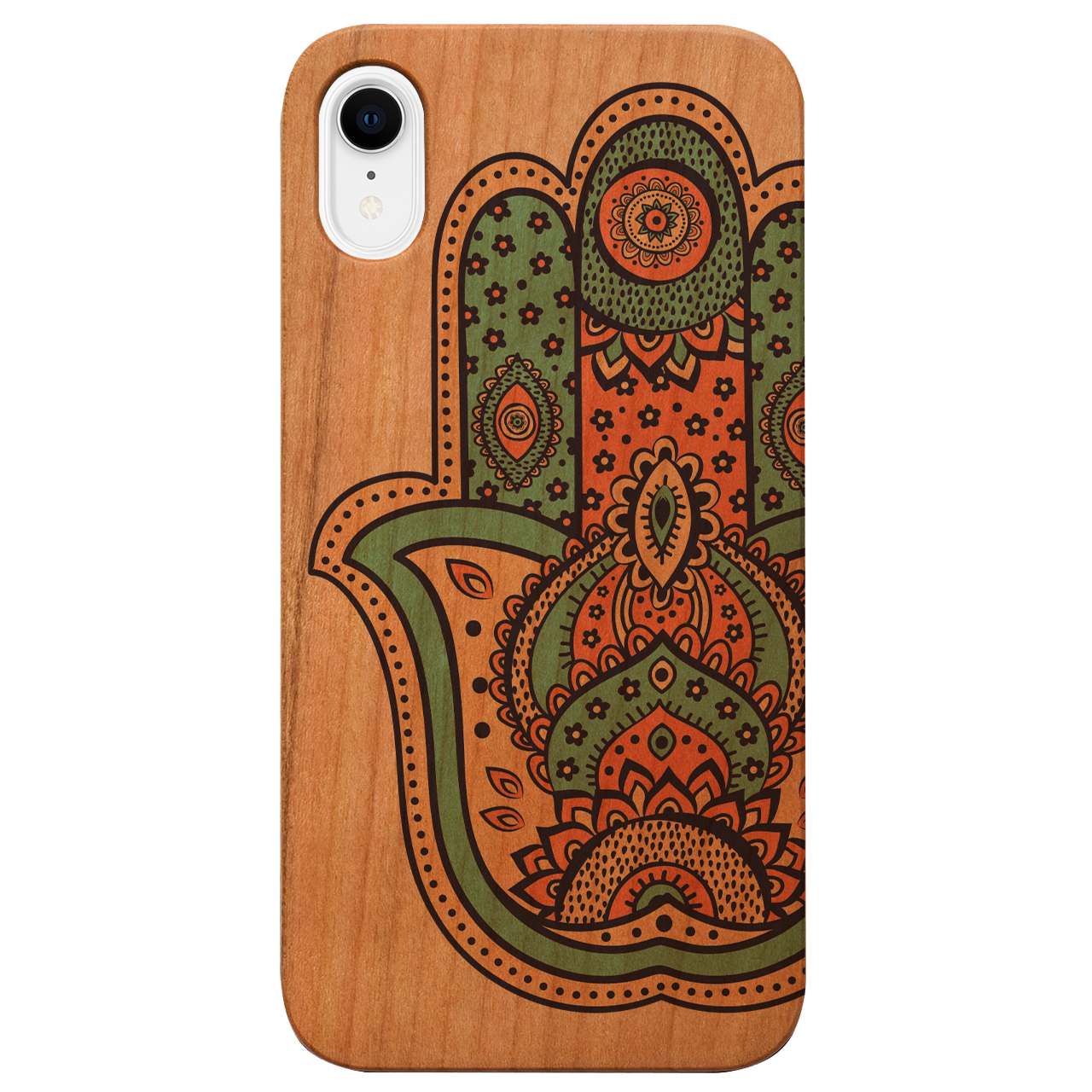 Hamsa UV Color Printed phone case showcasing unique wood design and vibrant colors, suitable for iPhone and Samsung models.