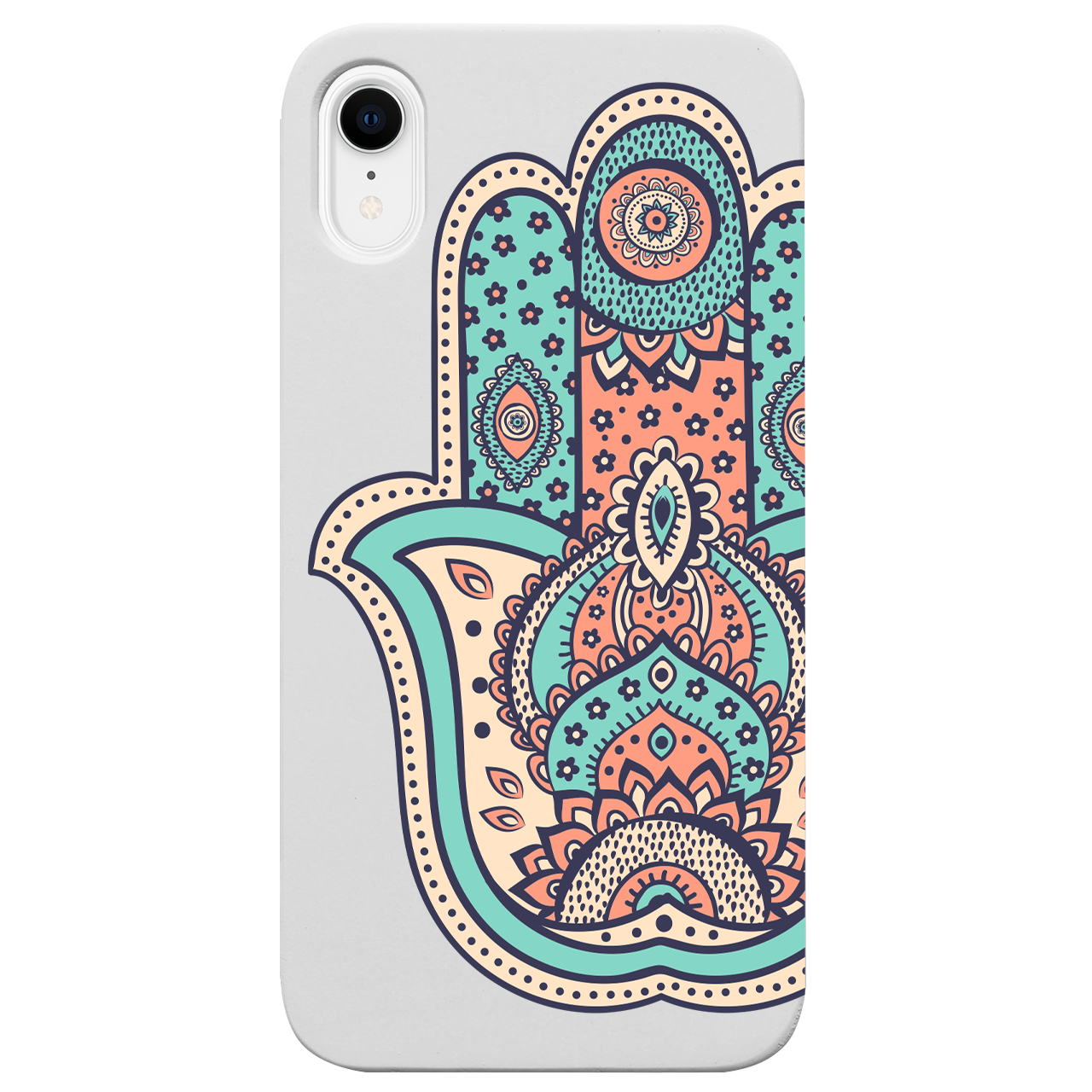 Hamsa UV Color Printed phone case showcasing unique wood design and vibrant colors, suitable for iPhone and Samsung models.