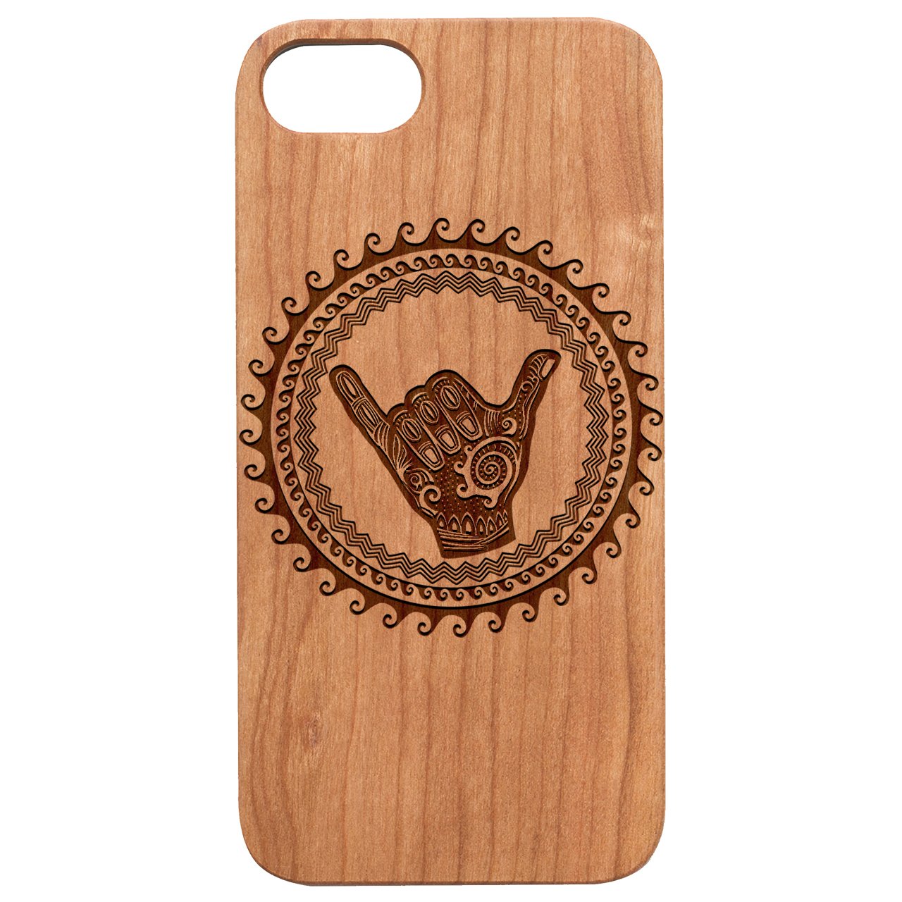 Hand-engraved wooden phone case showcasing intricate designs and natural wood finish.