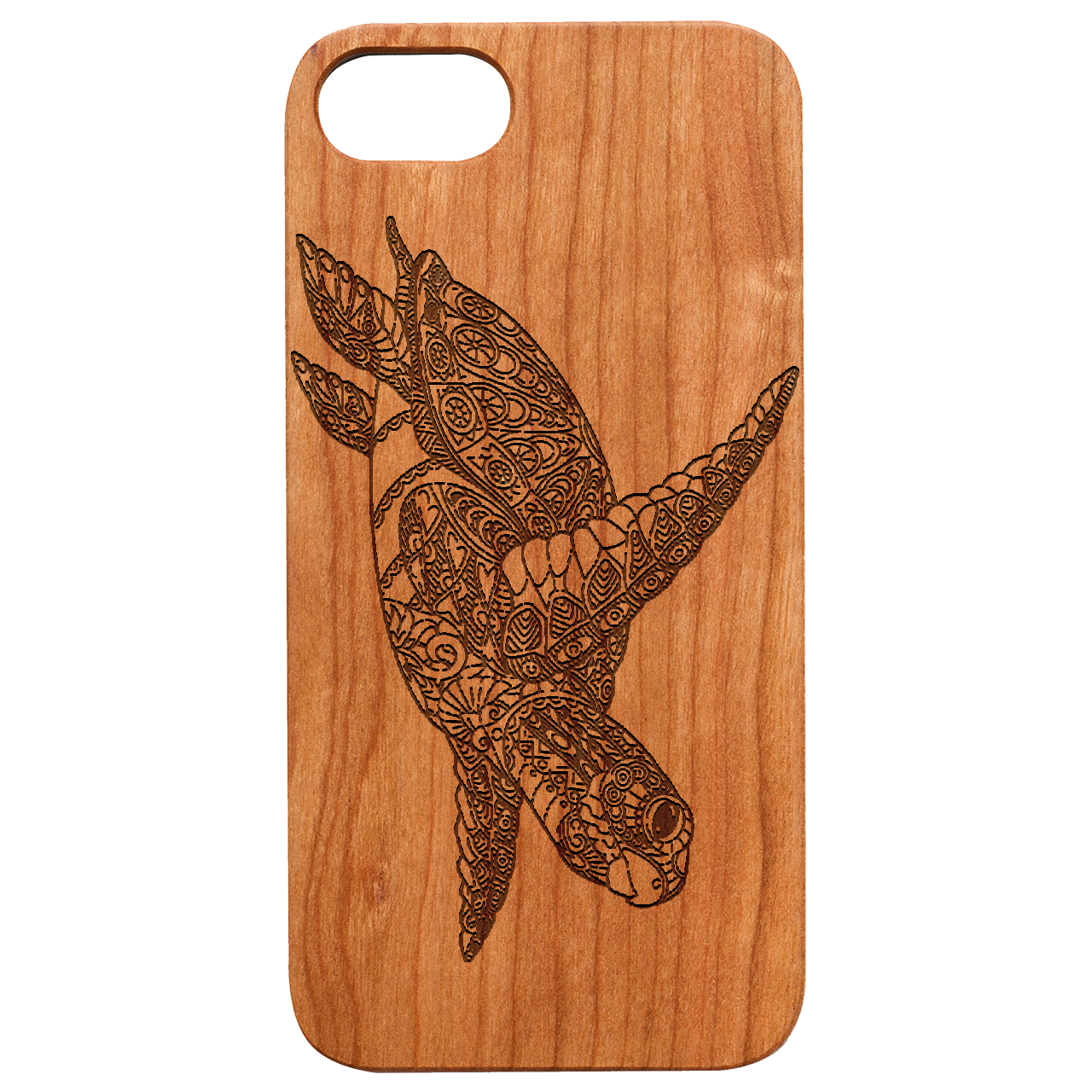 Hawaiian Turtle 2 - Engraved wooden phone case showcasing intricate design and natural wood finish.