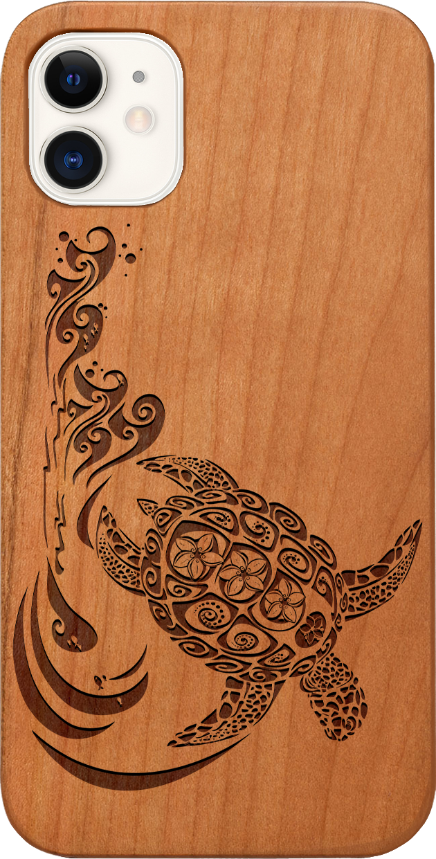 Hawaiian Turtle 3 - Engraved wooden phone case showcasing intricate design and durable materials.