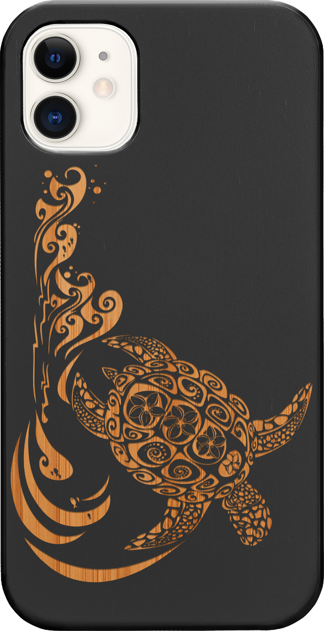 Hawaiian Turtle 3 - Engraved wooden phone case showcasing intricate design and durable materials.