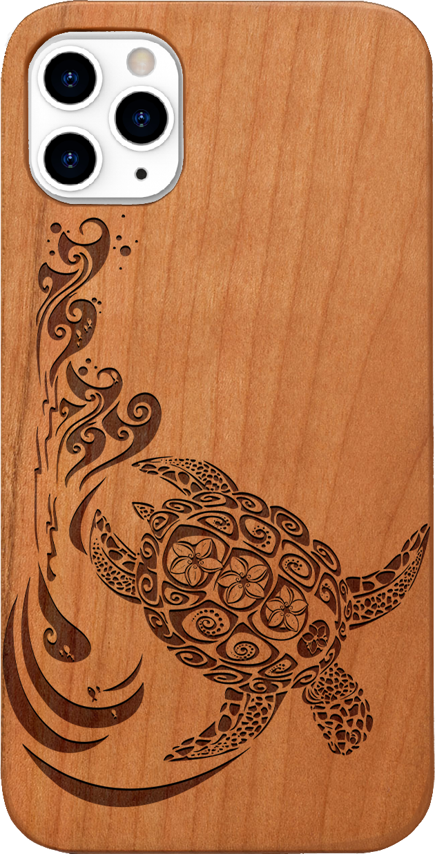 Hawaiian Turtle 3 - Engraved wooden phone case showcasing intricate design and durable materials.