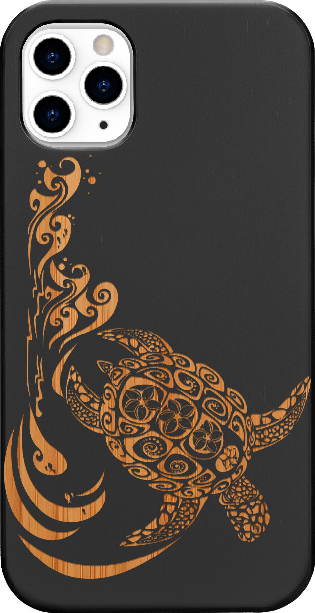 Hawaiian Turtle 3 - Engraved wooden phone case showcasing intricate design and durable materials.