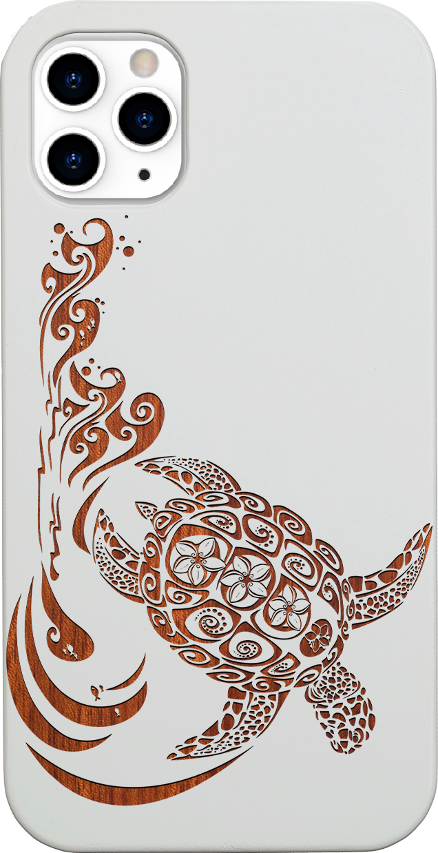 Hawaiian Turtle 3 - Engraved wooden phone case showcasing intricate design and durable materials.