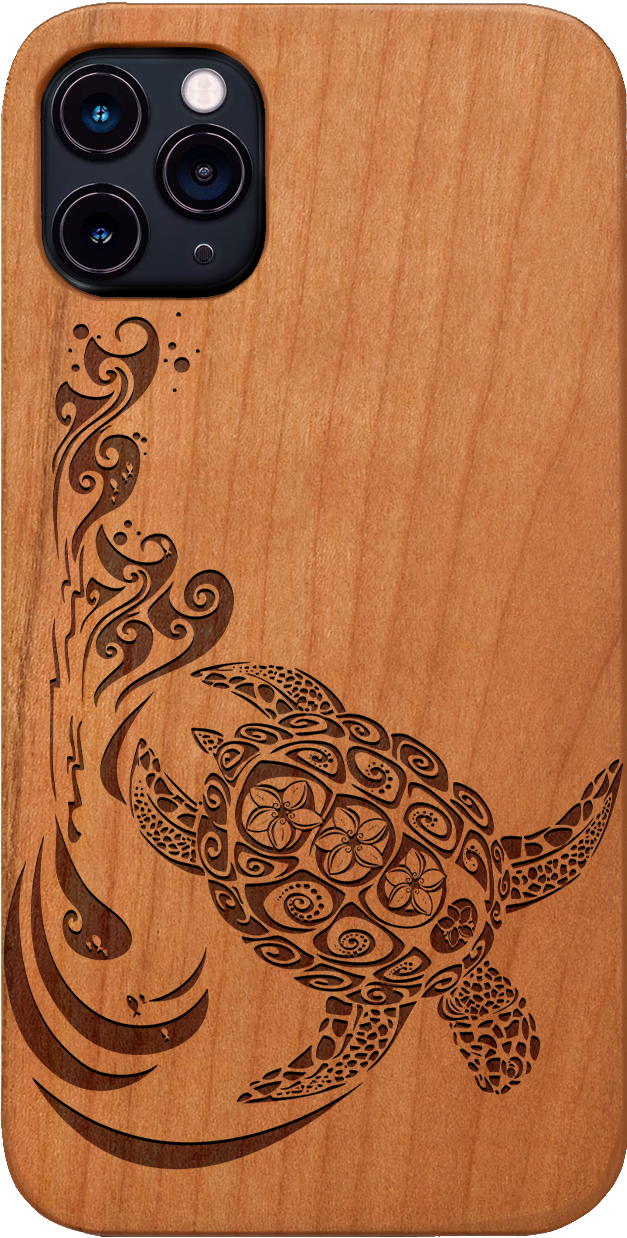 Hawaiian Turtle 3 - Engraved wooden phone case showcasing intricate design and durable materials.