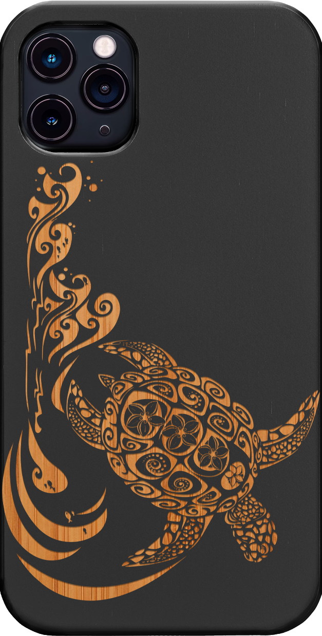 Hawaiian Turtle 3 - Engraved wooden phone case showcasing intricate design and durable materials.