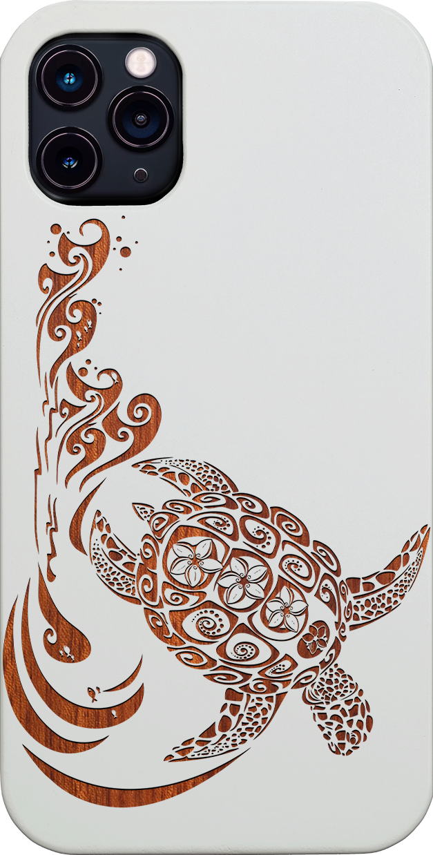 Hawaiian Turtle 3 - Engraved wooden phone case showcasing intricate design and durable materials.