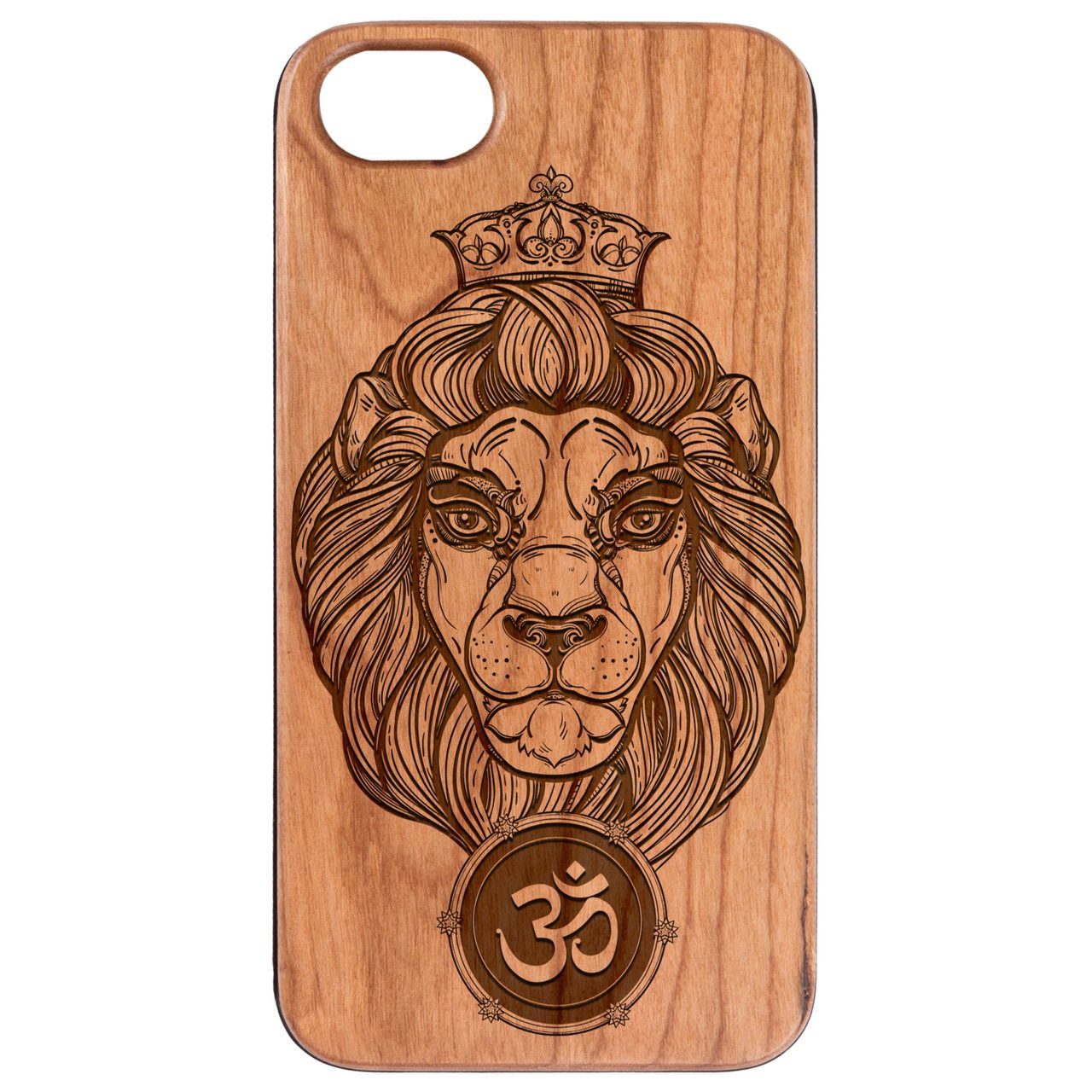 Heraldic Lion Engraved wooden phone case showcasing intricate design and natural wood finish.