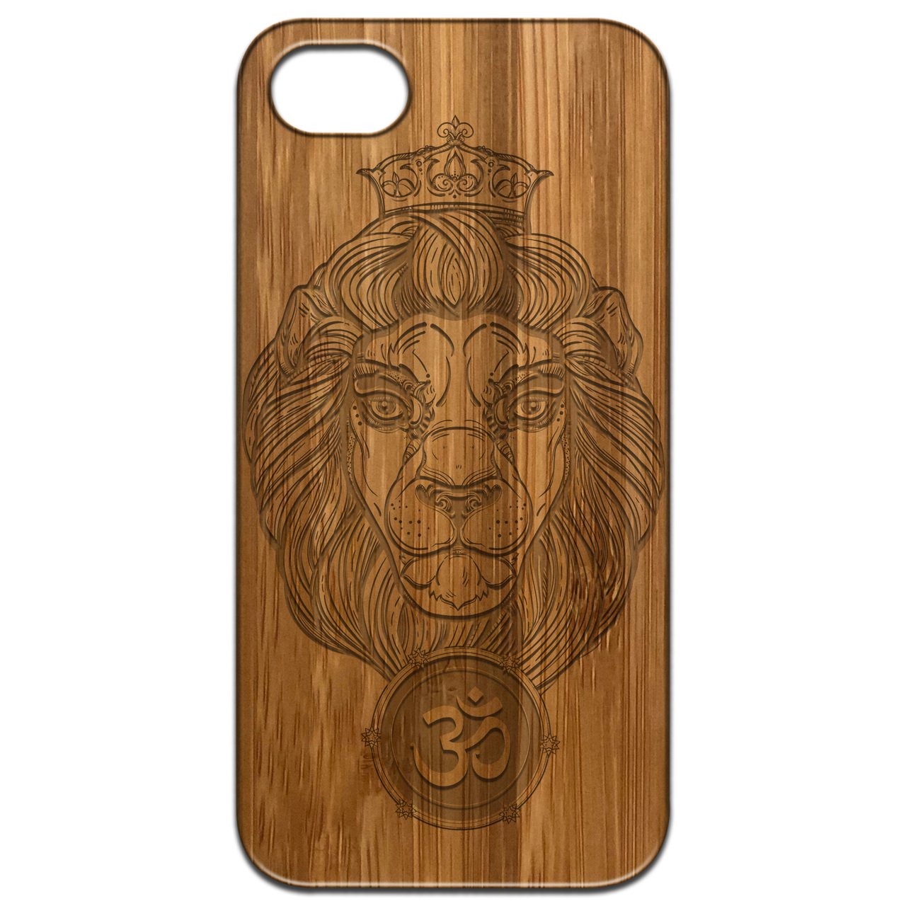 Heraldic Lion Engraved wooden phone case showcasing intricate design and natural wood finish.