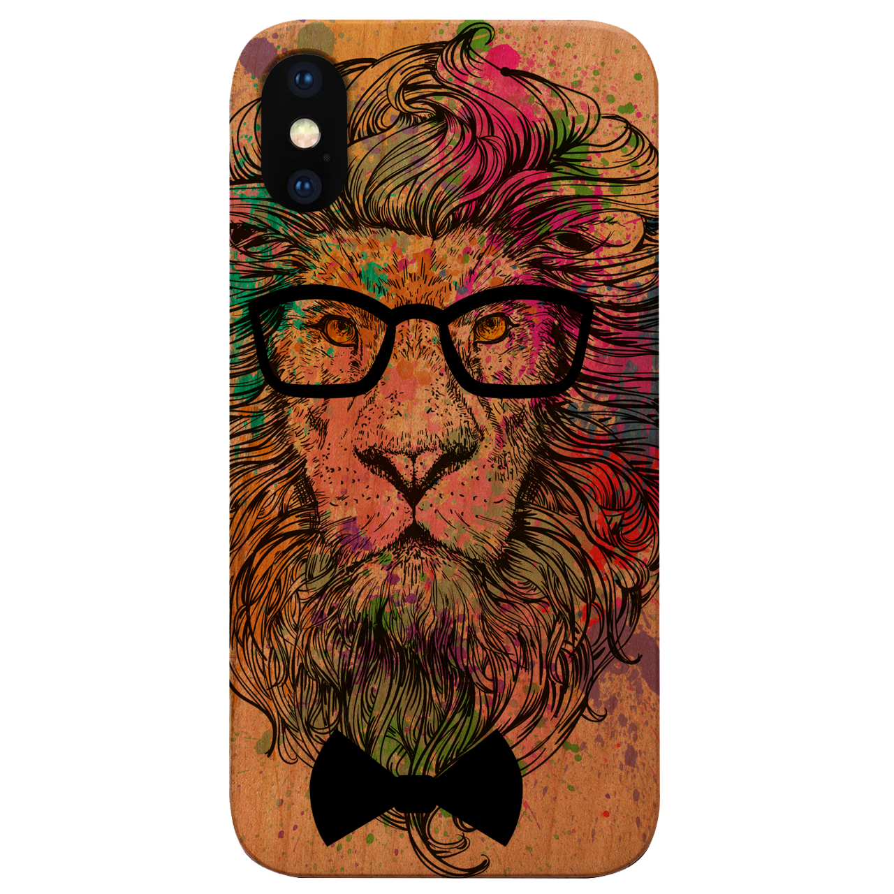 Hipster Lion UV Color Printed phone case featuring a vibrant lion design on a natural wood background, showcasing durability and style.