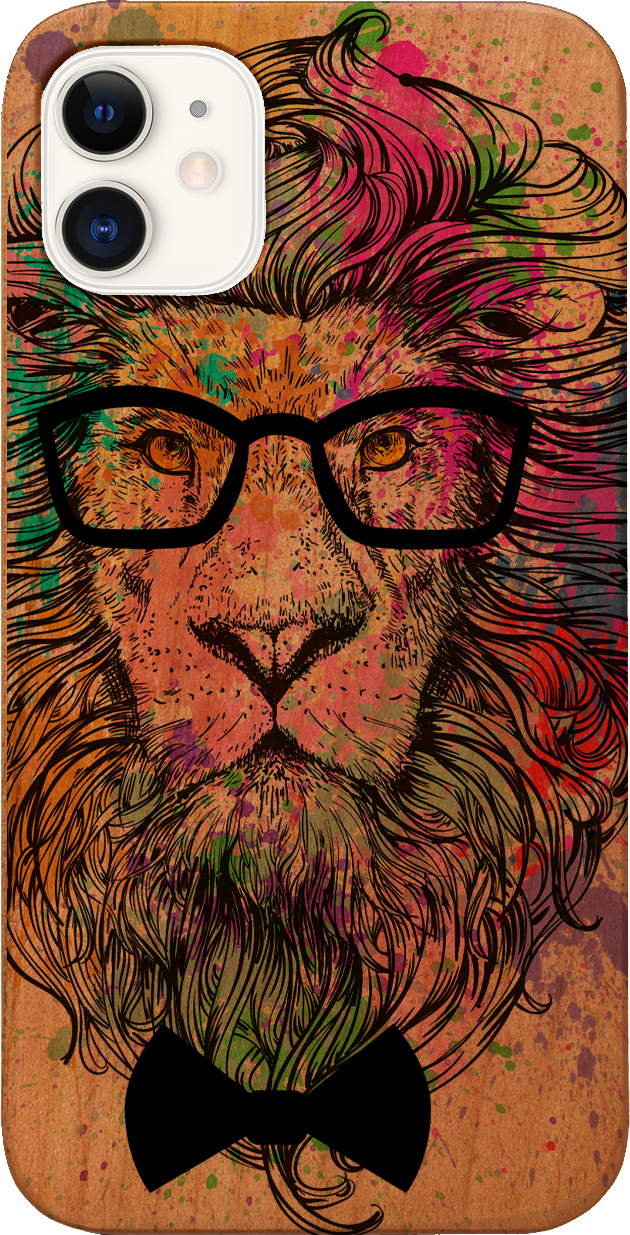 Hipster Lion UV Color Printed phone case featuring a vibrant lion design on a natural wood background, showcasing durability and style.