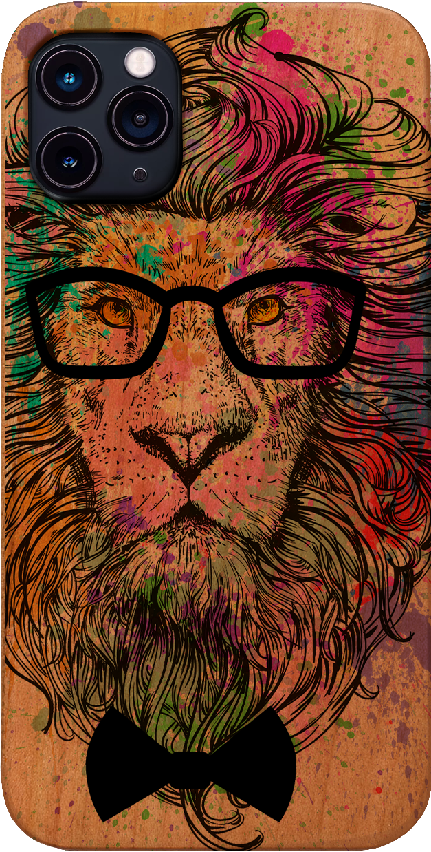 Hipster Lion UV Color Printed phone case featuring a vibrant lion design on a natural wood background, showcasing durability and style.