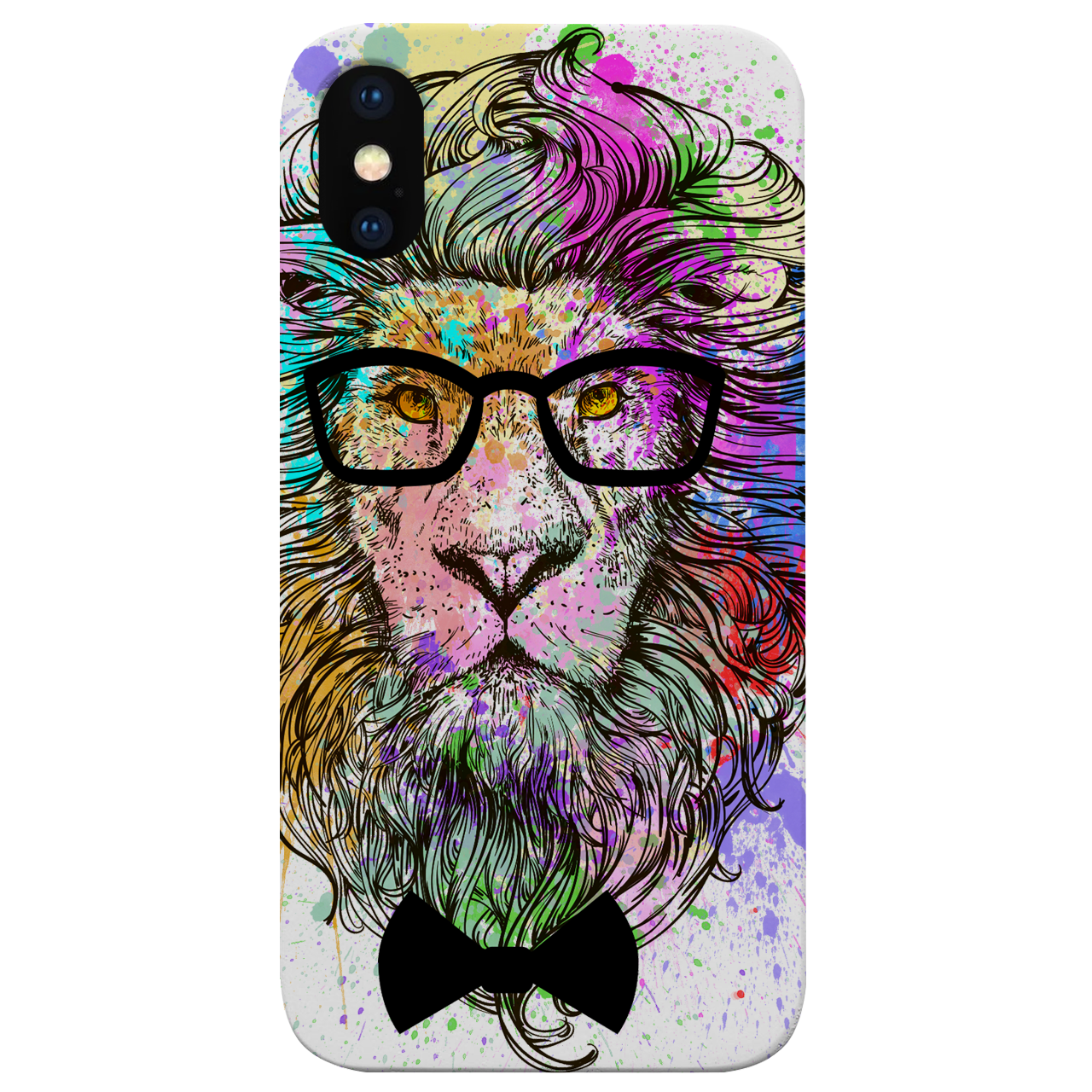 Hipster Lion UV Color Printed phone case featuring a vibrant lion design on a natural wood background, showcasing durability and style.