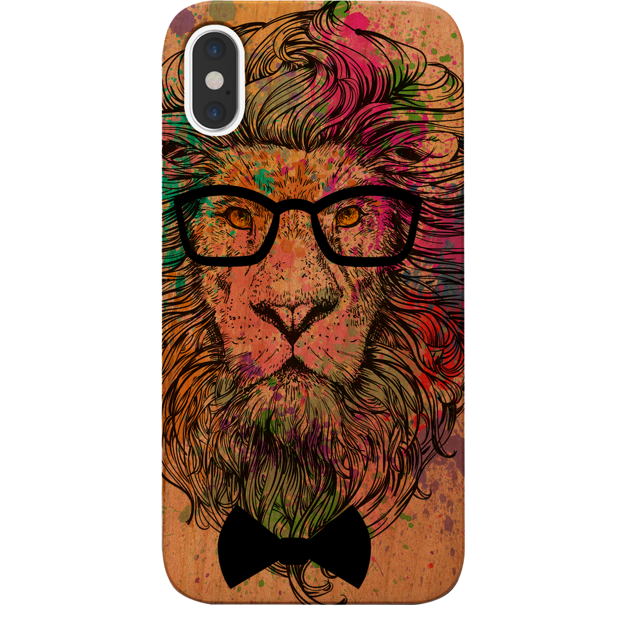 Hipster Lion UV Color Printed phone case featuring a vibrant lion design on a natural wood background, showcasing durability and style.