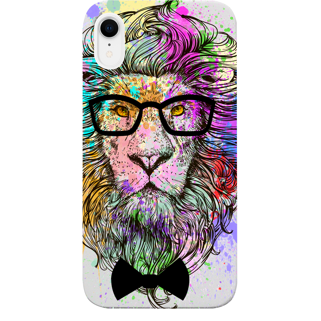 Hipster Lion UV Color Printed phone case featuring a vibrant lion design on a natural wood background, showcasing durability and style.