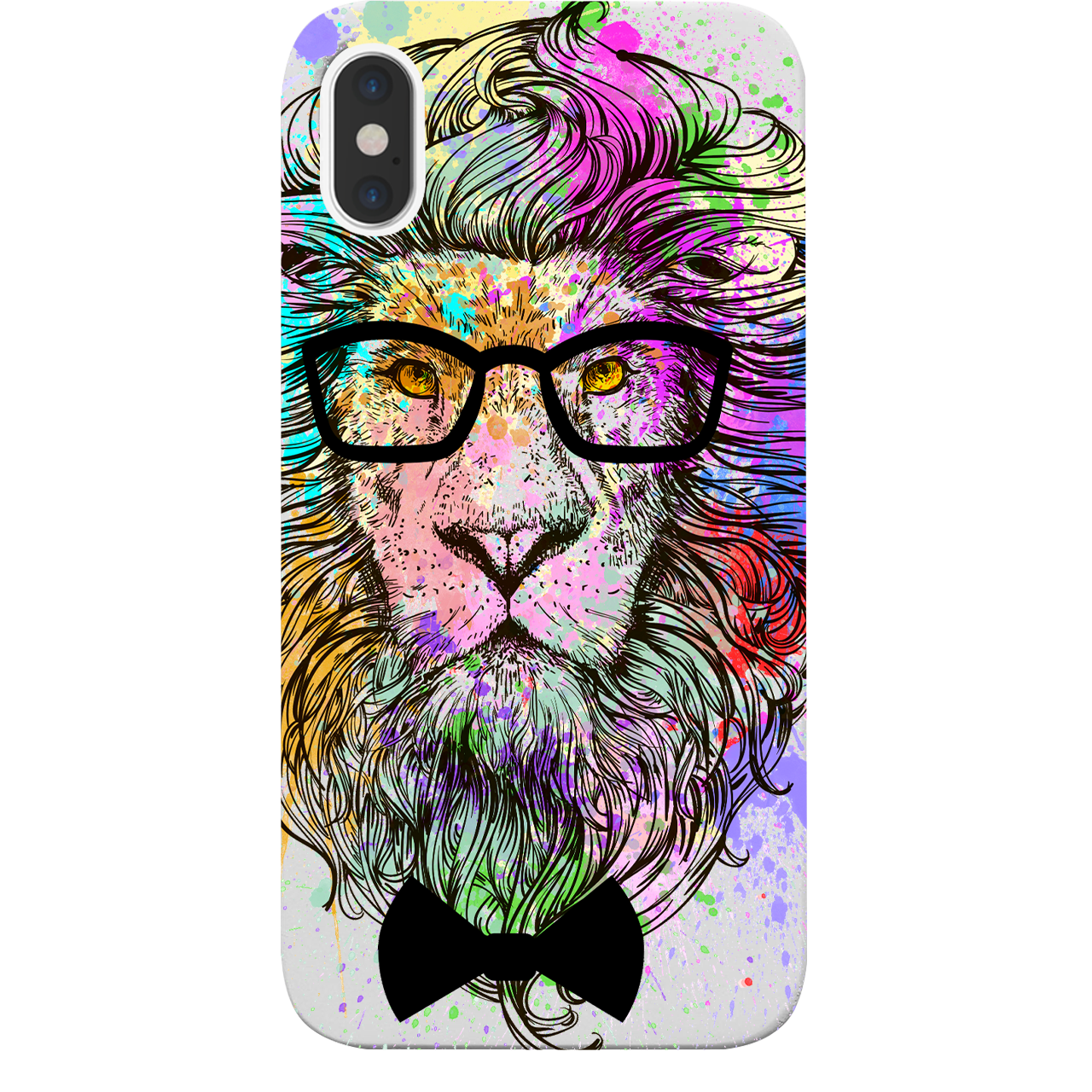 Hipster Lion UV Color Printed phone case featuring a vibrant lion design on a natural wood background, showcasing durability and style.