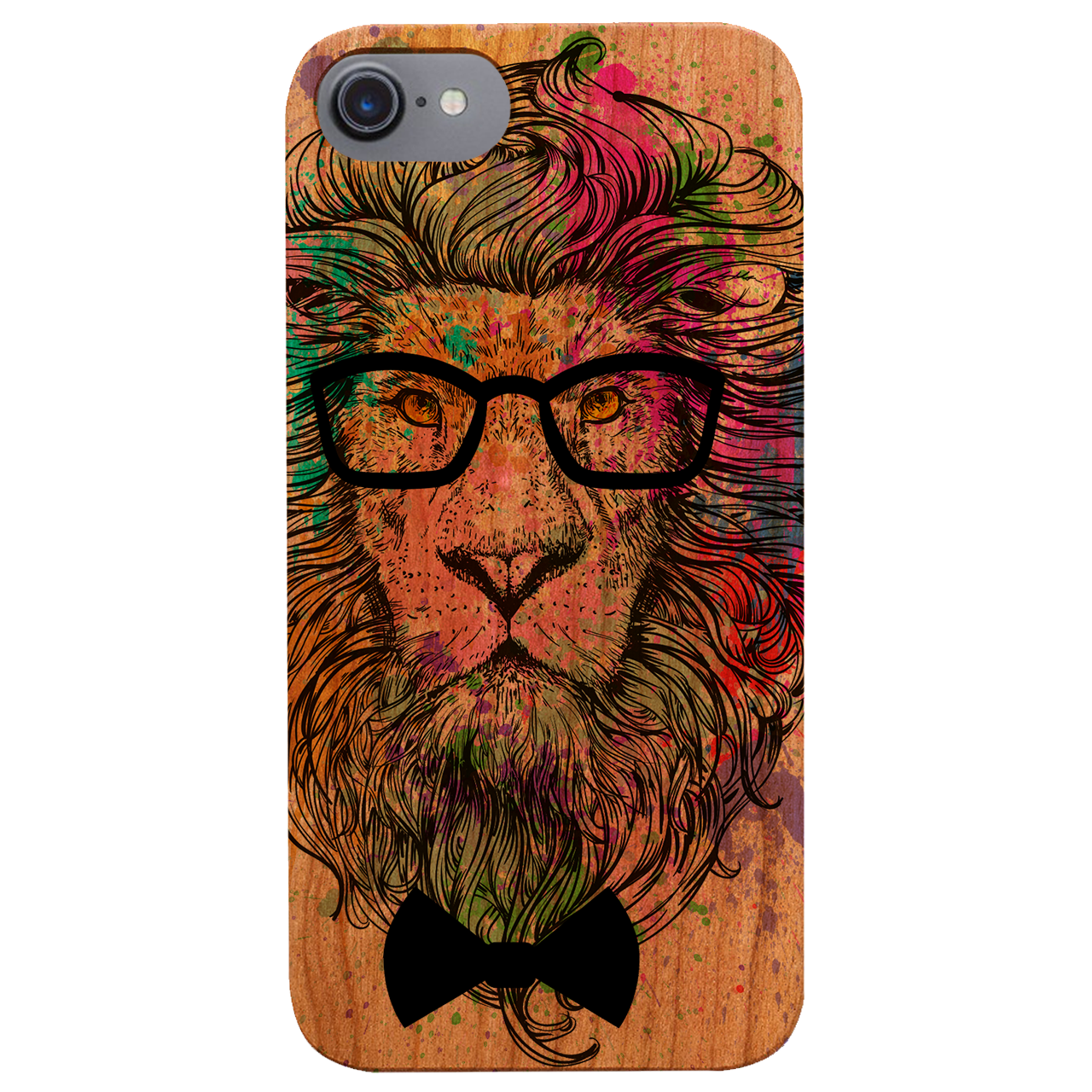 Hipster Lion UV Color Printed phone case featuring a vibrant lion design on a natural wood background, showcasing durability and style.