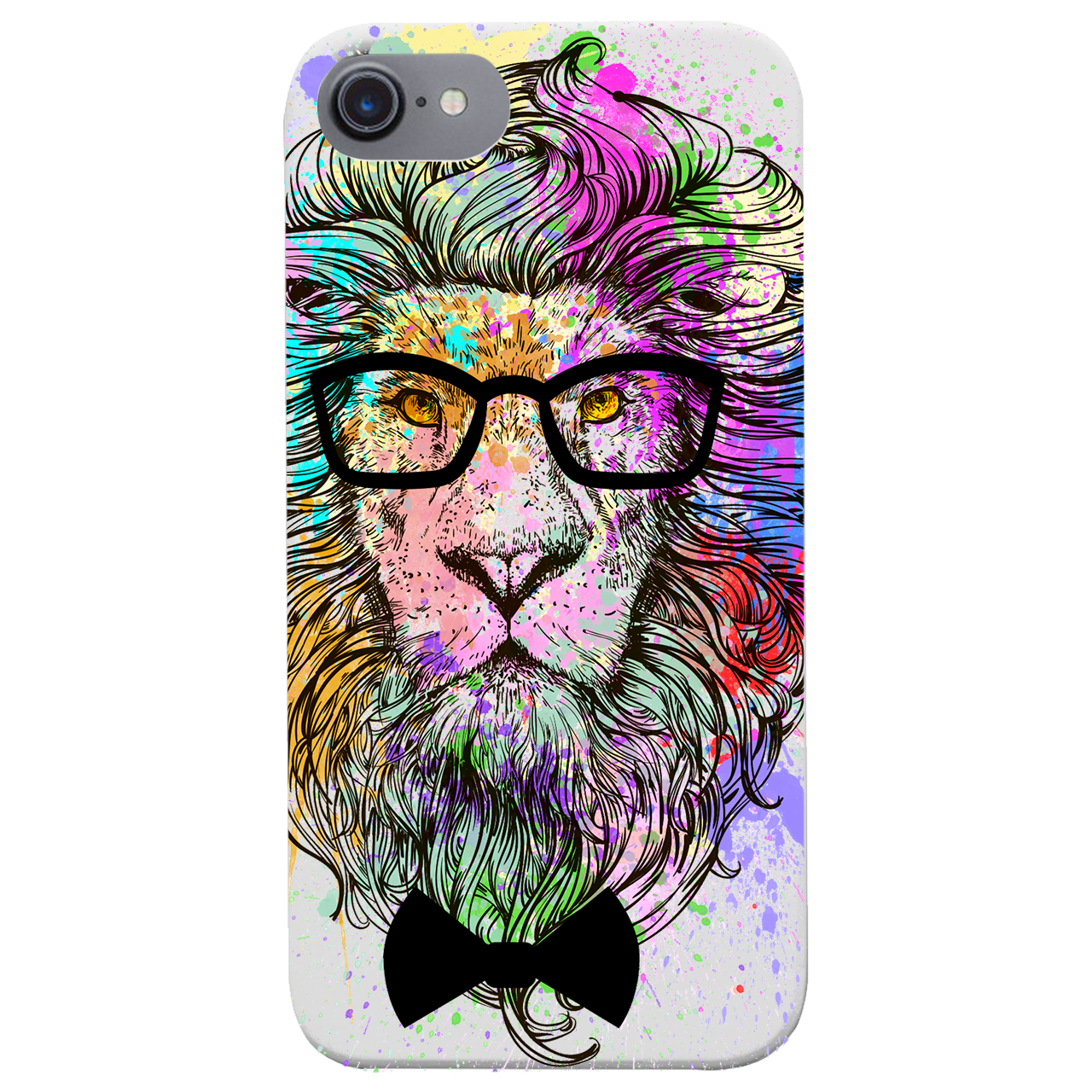 Hipster Lion UV Color Printed phone case featuring a vibrant lion design on a natural wood background, showcasing durability and style.