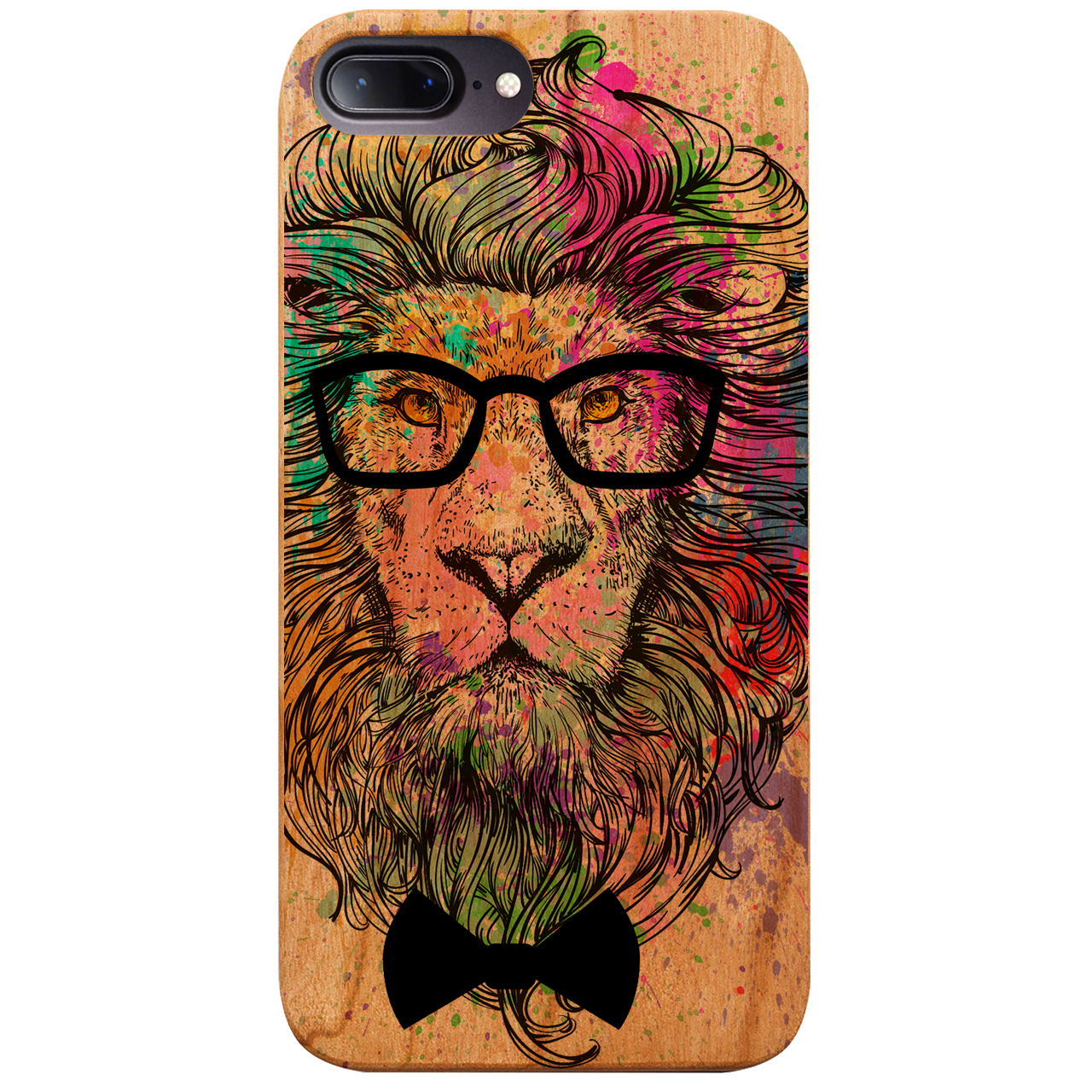 Hipster Lion UV Color Printed phone case featuring a vibrant lion design on a natural wood background, showcasing durability and style.