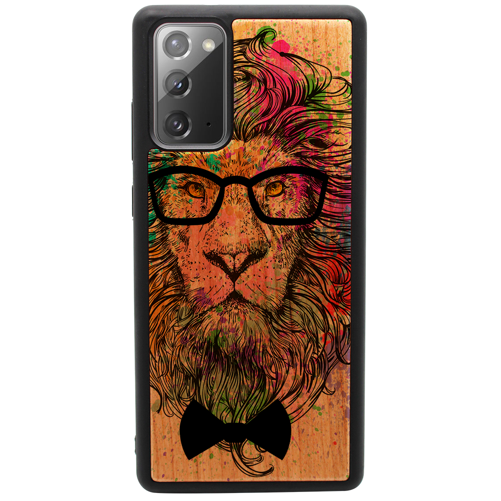 Hipster Lion UV Color Printed phone case featuring a vibrant lion design on a natural wood background, showcasing durability and style.