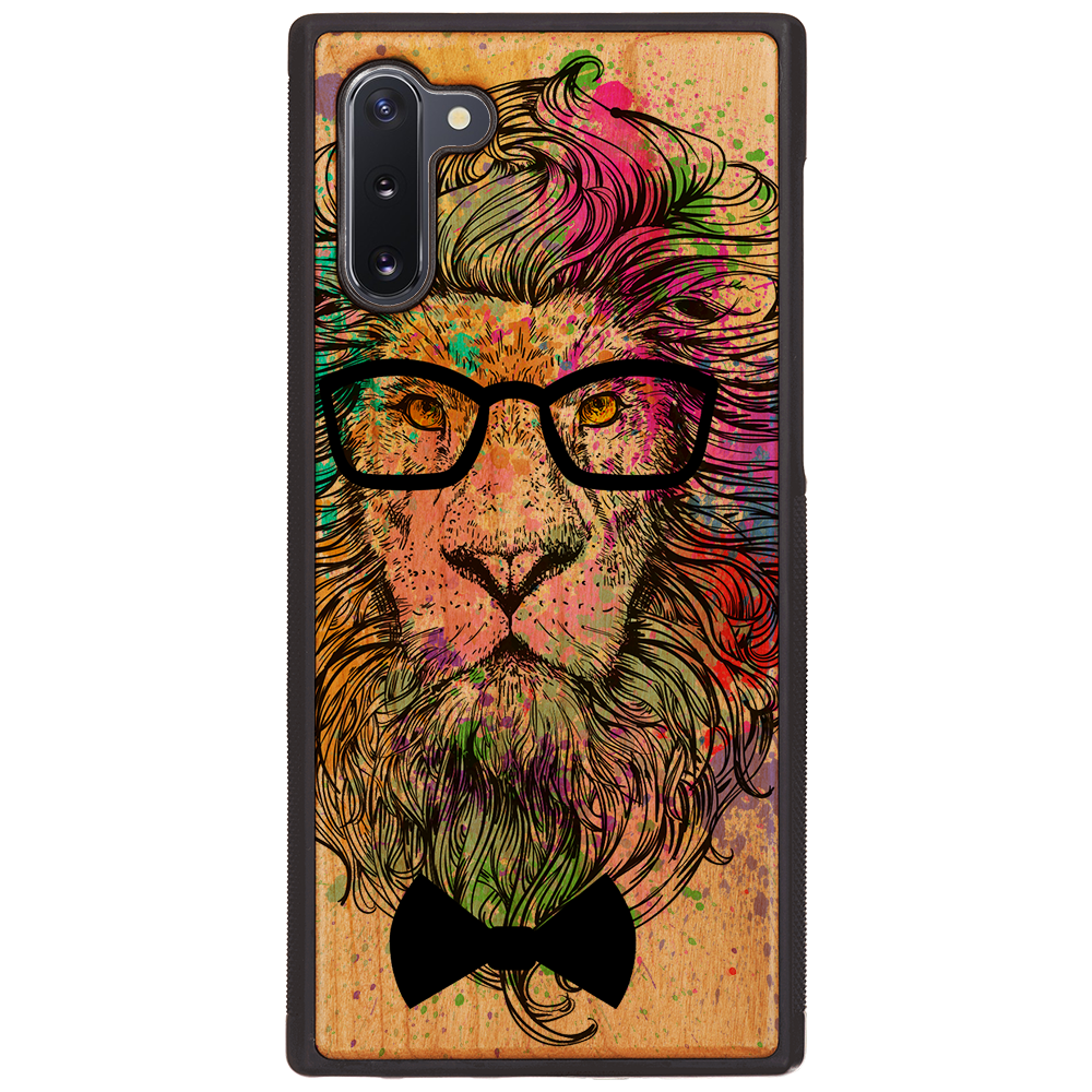 Hipster Lion UV Color Printed phone case featuring a vibrant lion design on a natural wood background, showcasing durability and style.