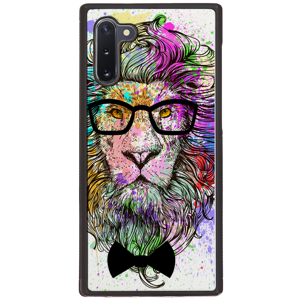 Hipster Lion UV Color Printed phone case featuring a vibrant lion design on a natural wood background, showcasing durability and style.